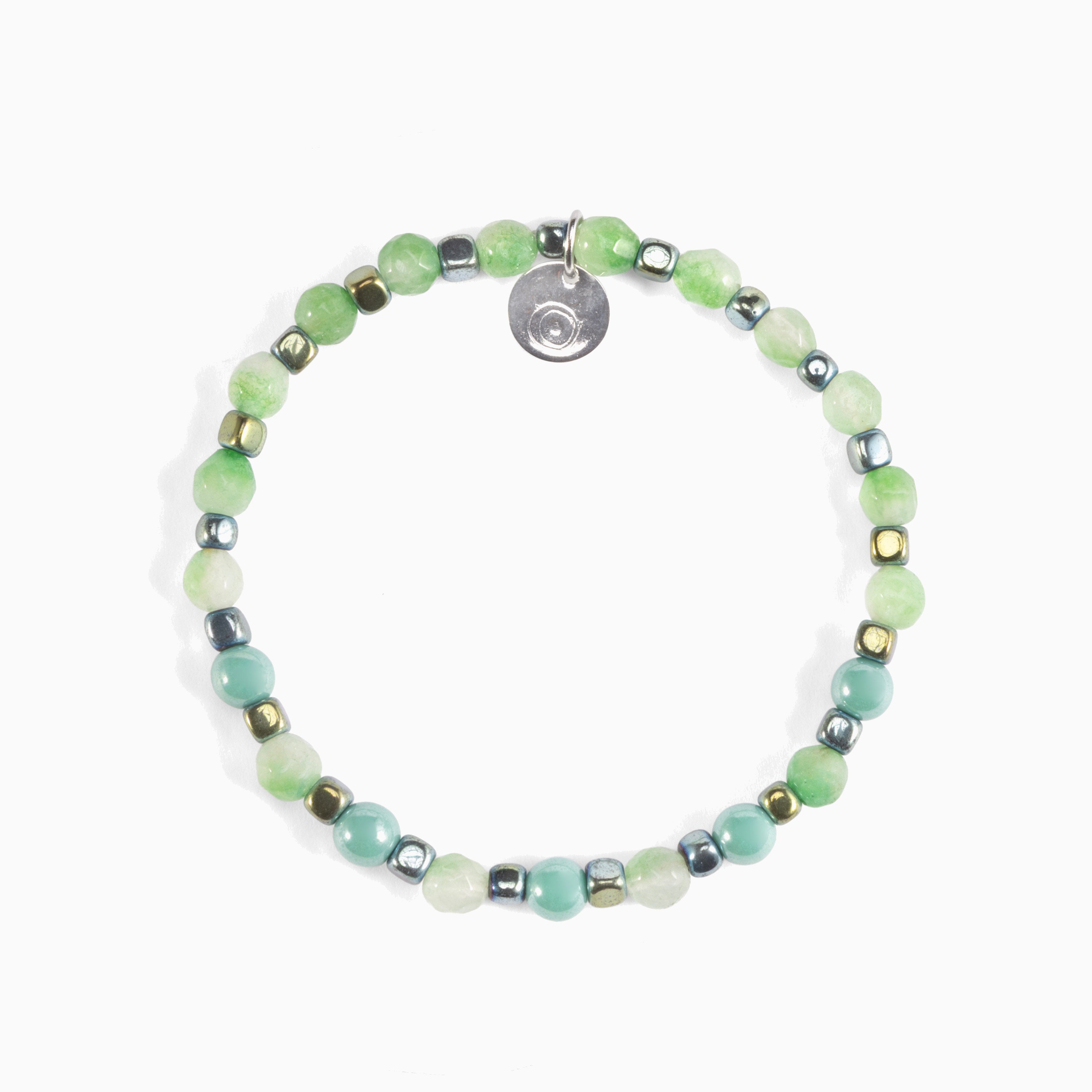 Riesi Collection - Murano Glass Beaded bracelet with green and silver beads on a white background