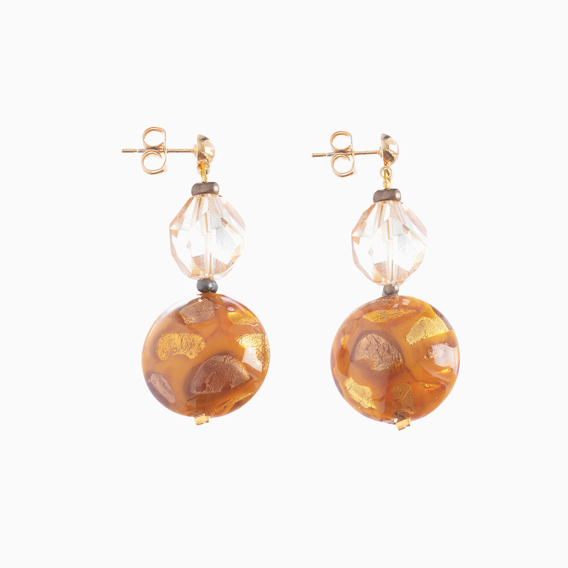 Murano glass earrings with crystal accent, 18KT Gold Finish over Bronze – Aura Collection, Made in Italy
