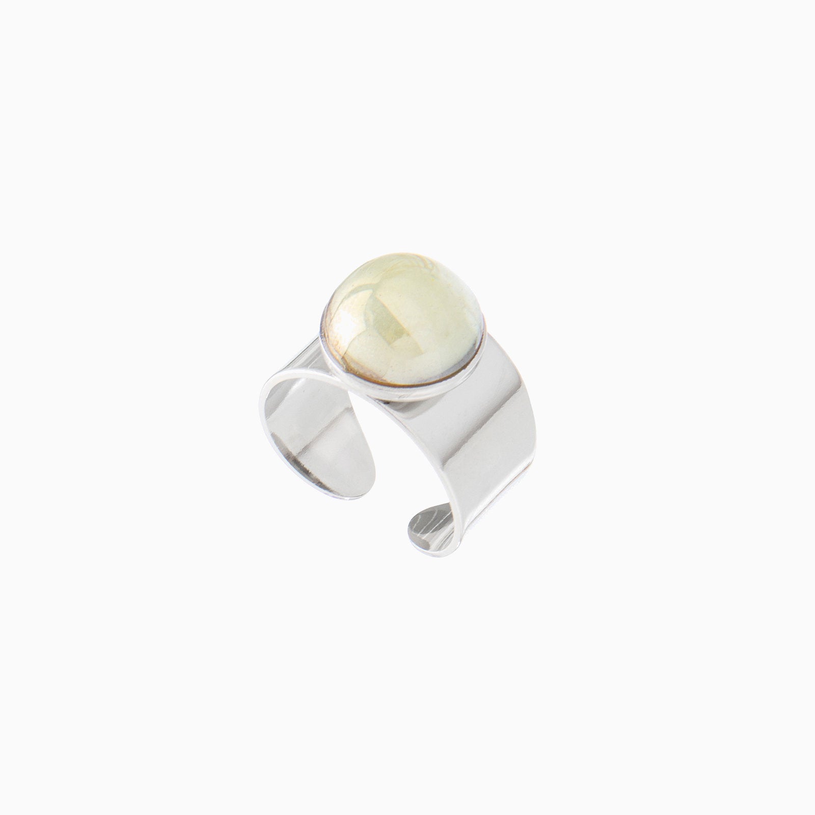 Seaside Serenity Murano glass band ring, rhodium finish over brass — angled view, Made in Italy.
