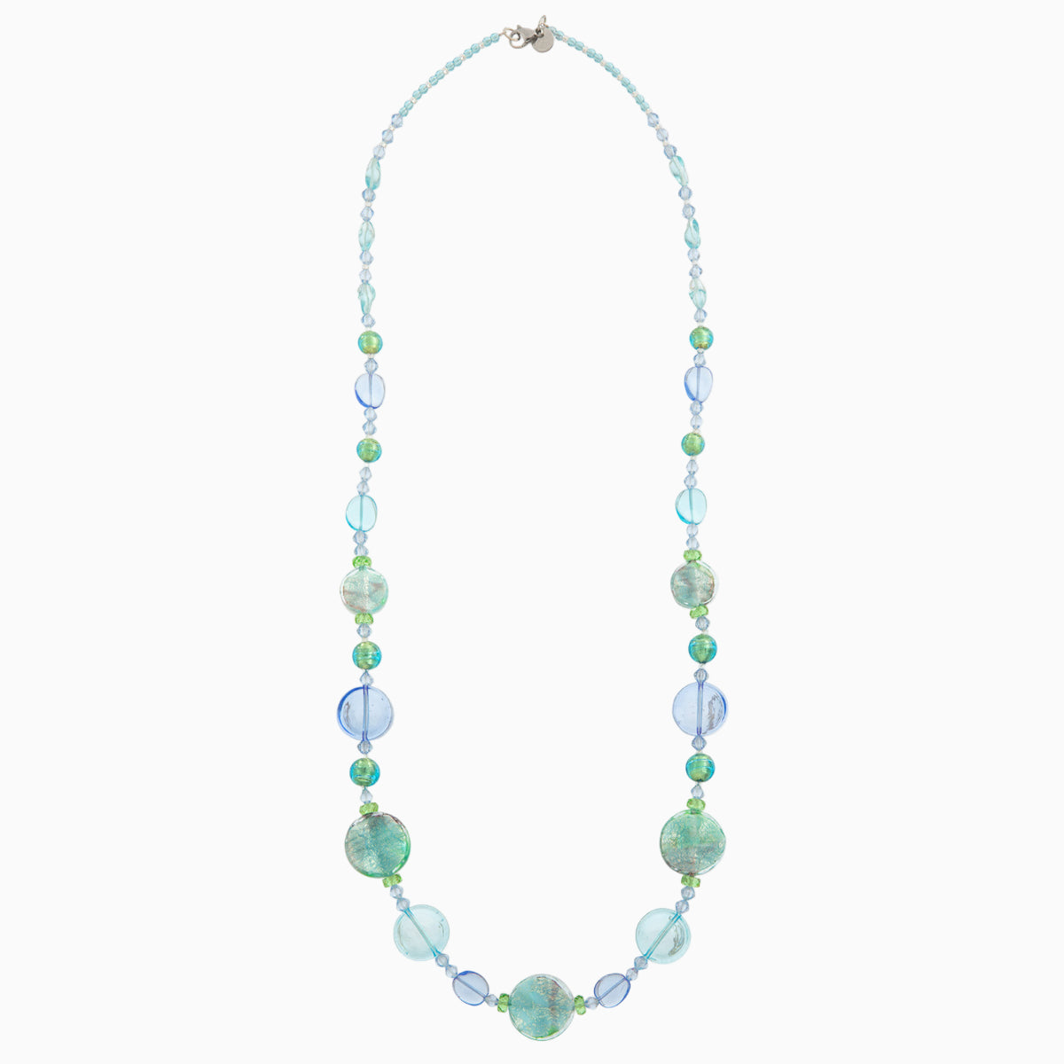 Murano glass opera necklace,  Rhodium Finish over Brass and Stainless Steel clasp. A timeless piece of Italian artistry. murrinamurano.us– Sunset Mirage Collection