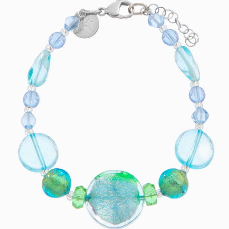 Sunshine Dreams Murano glass bracelet, rhodium finish over brass with stainless steel clasp, made in Italy.