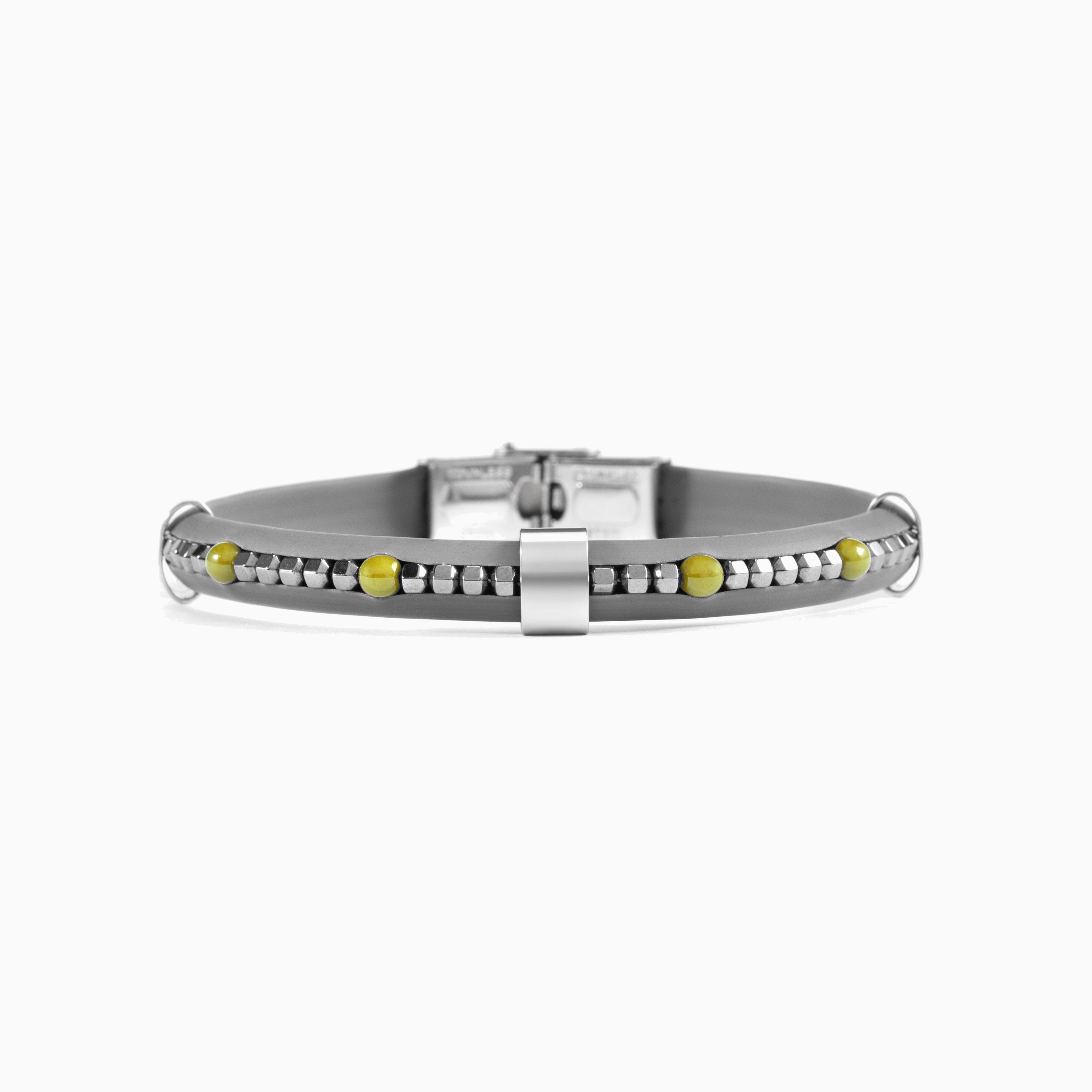 Blast men’s bracelet with Murano Glass , rubber and hematite stones, rhodium finish over stainless steel, 21 cm length, contemporary Italian design.