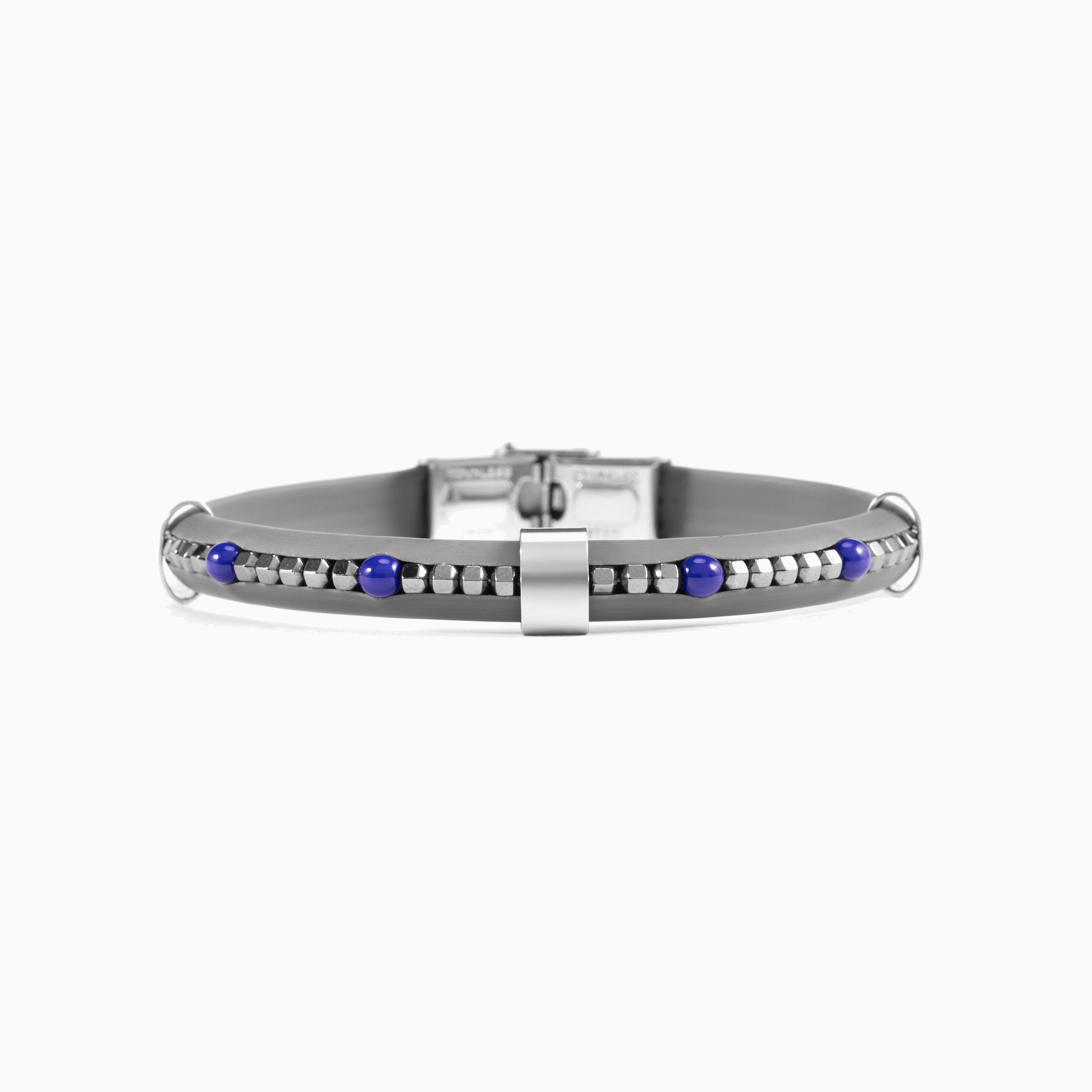 Blast men's bracelet showing hematite beads and rubber detailing, 21 cm length, handcrafted in Italy.