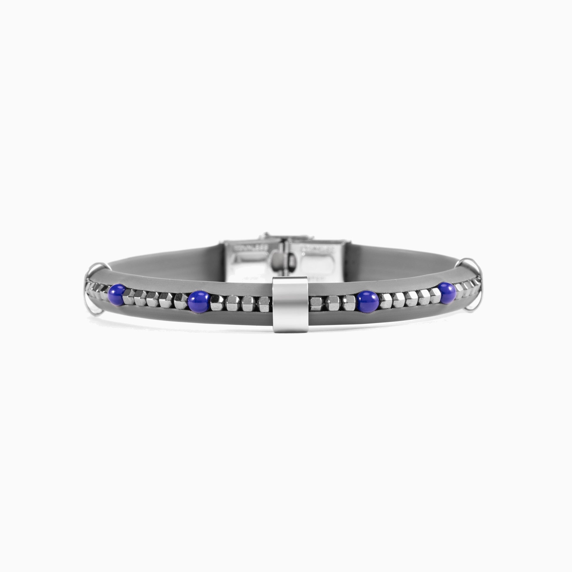 Blast men's bracelet showing hematite beads and rubber detailing, 21 cm length, handcrafted in Italy.