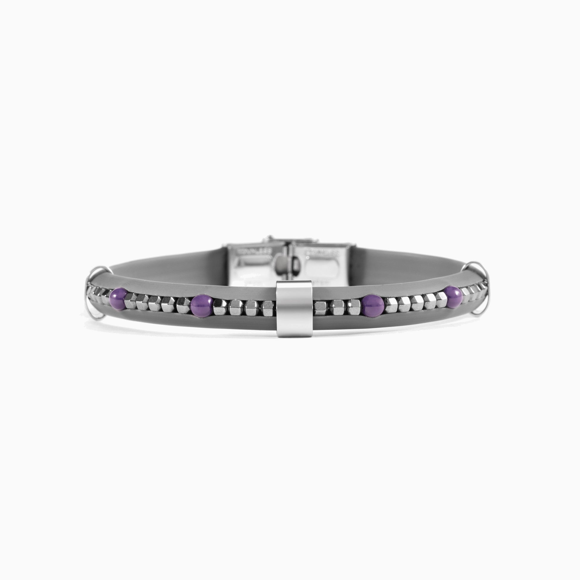 Blast men's rubber and hematite bracelet, side view with stainless steel hardware and rhodium finish.