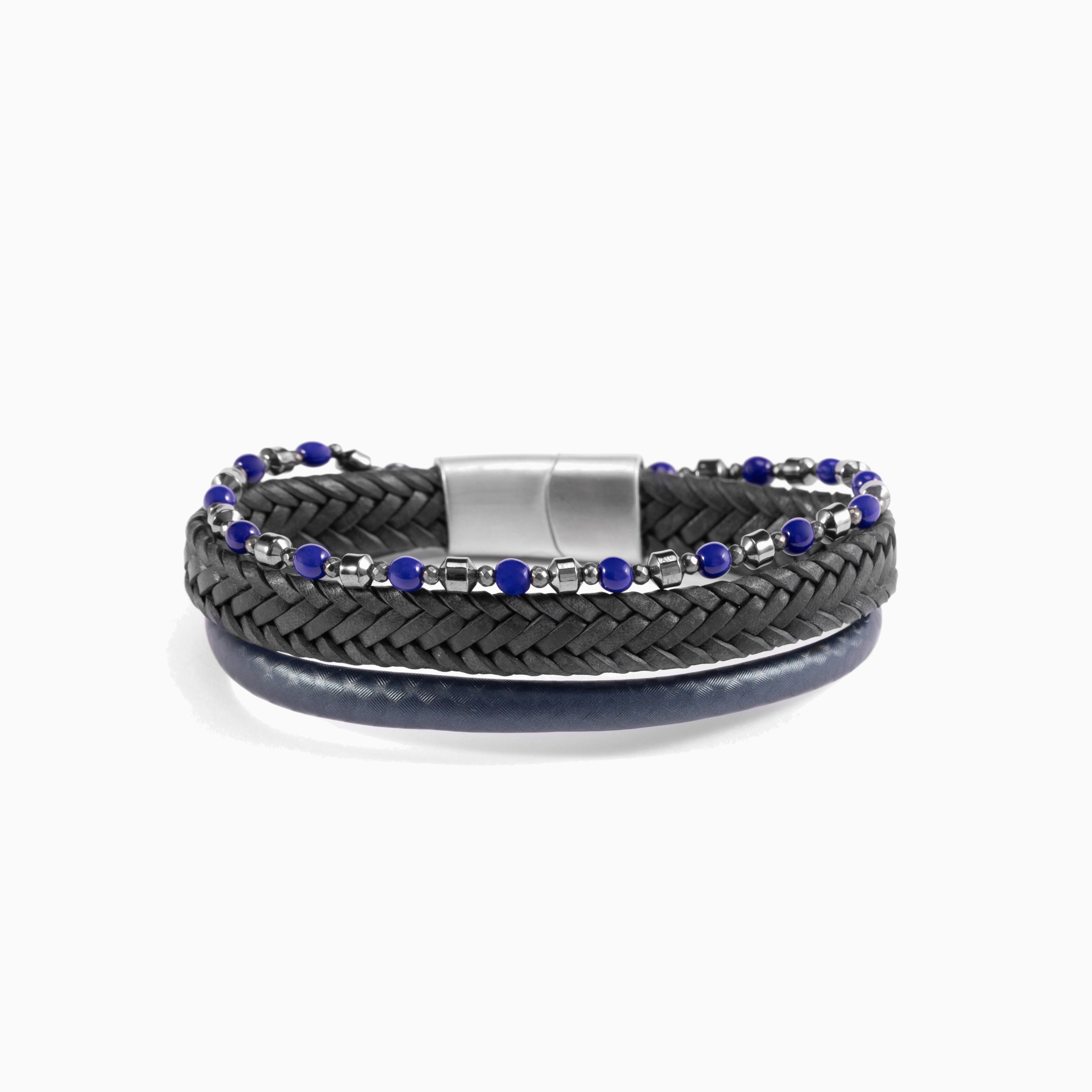 Drip Collection men's bracelet with braided leather, hematite beads and stainless steel accents, 20 cm length, contemporary Italian men's jewelry — detail view.