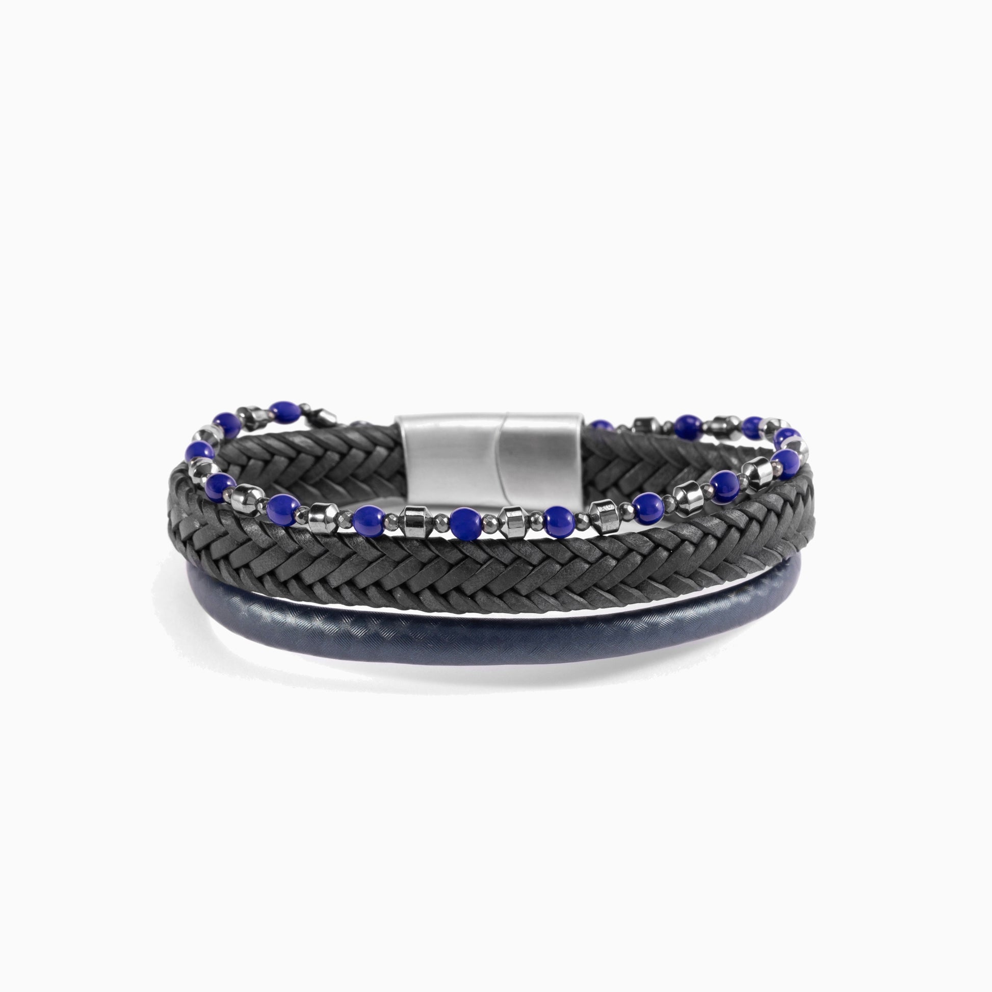 Drip Collection men's bracelet with braided leather, hematite beads and stainless steel accents, 20 cm length, contemporary Italian men's jewelry — detail view.