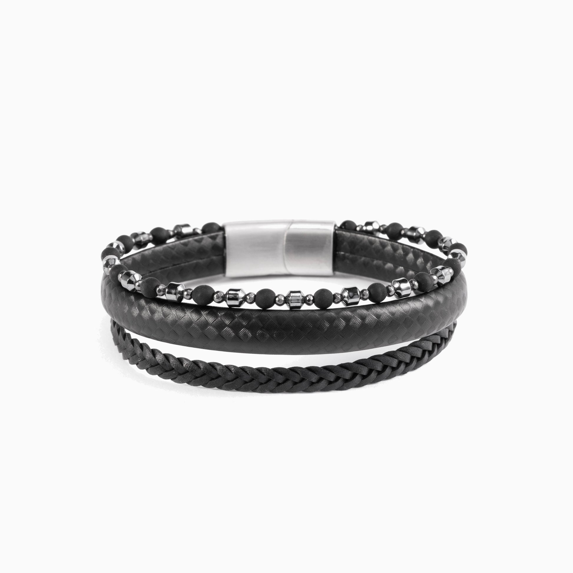 Drip Collection men's bracelet with braided leather, hematite beads and stainless steel accents, 20 cm length, contemporary Italian men's jewelry — angled view.