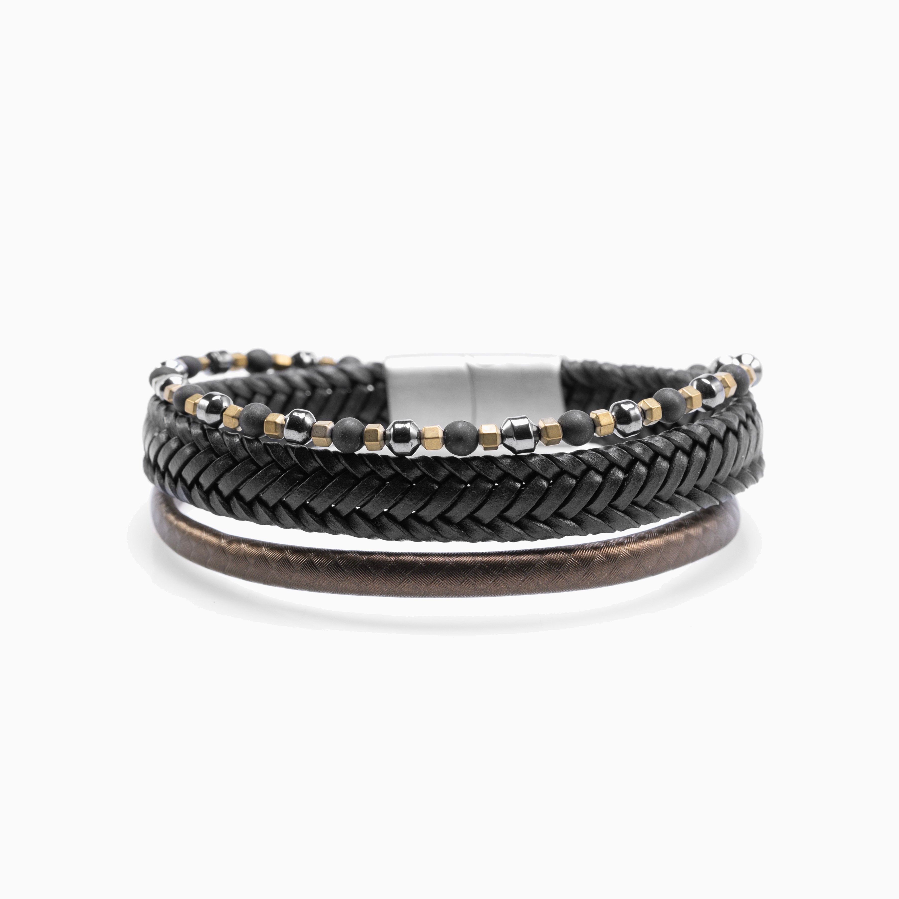 Drip Collection men's bracelet with braided leather, hematite beads and stainless steel accents, 20 cm length, contemporary Italian men's jewelry.