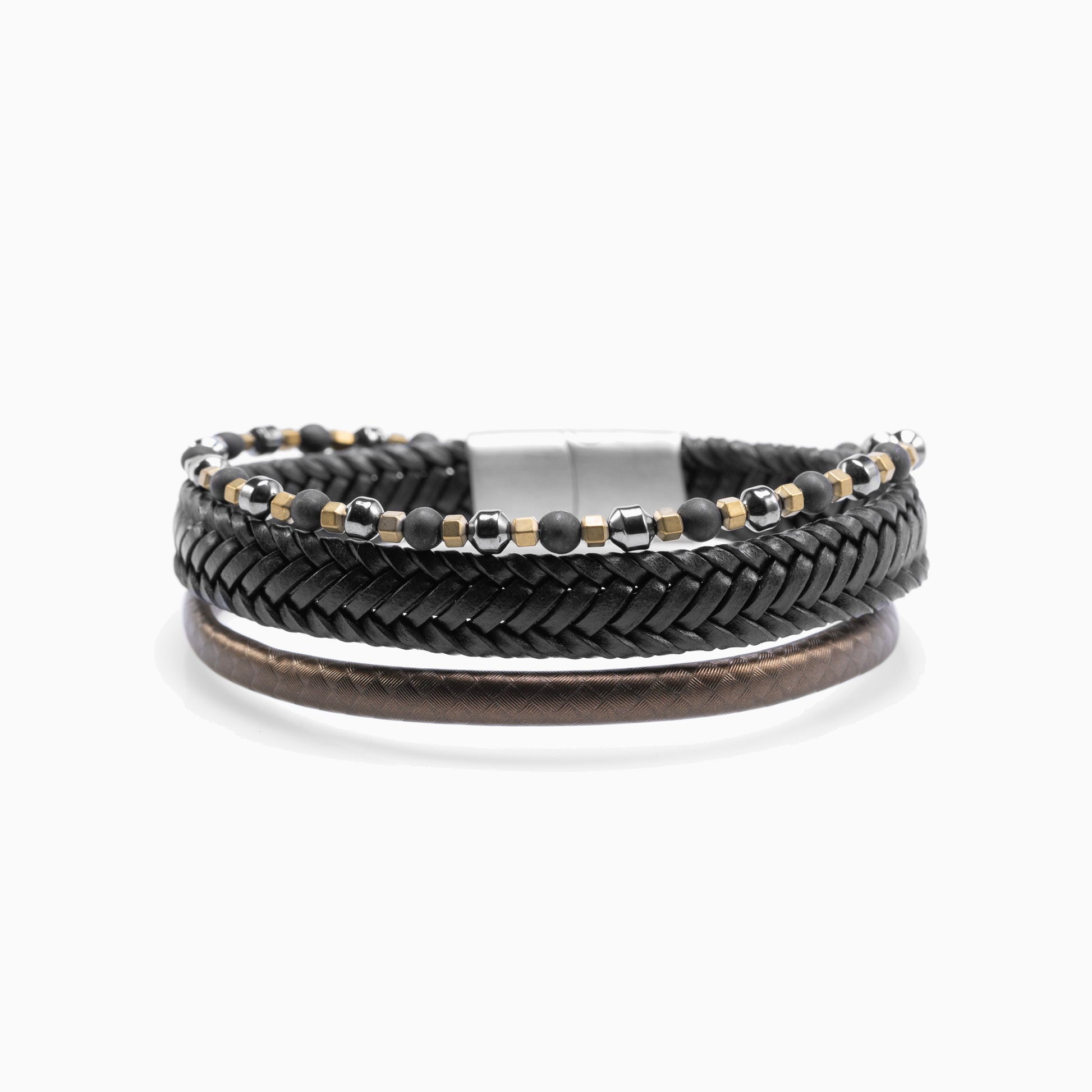 Drip Collection men's bracelet with braided leather, hematite beads and stainless steel accents, 20 cm length, contemporary Italian men's jewelry.
