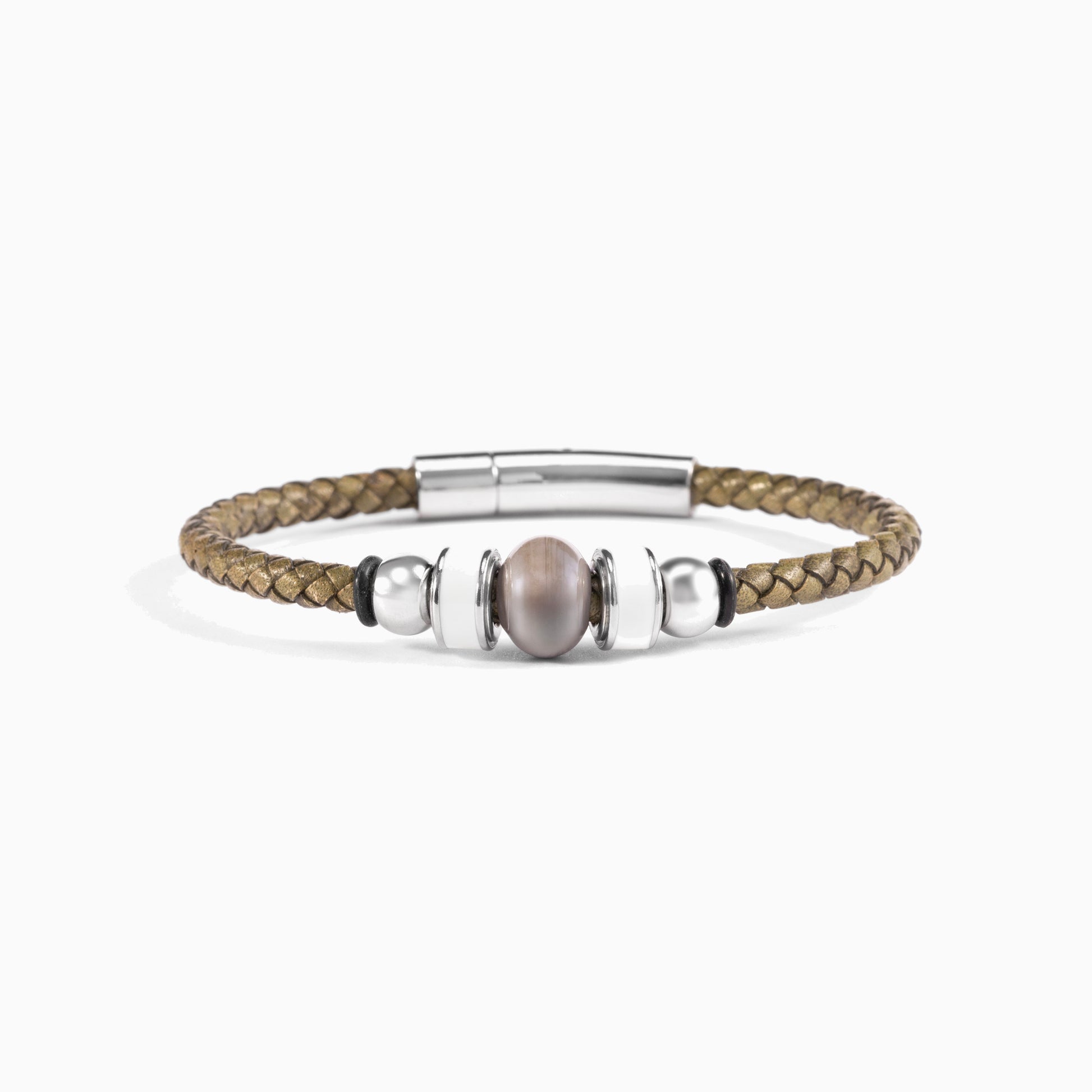 Flare Collection men’s bracelet with braided leather, stainless steel and silicone details, 20 cm length.