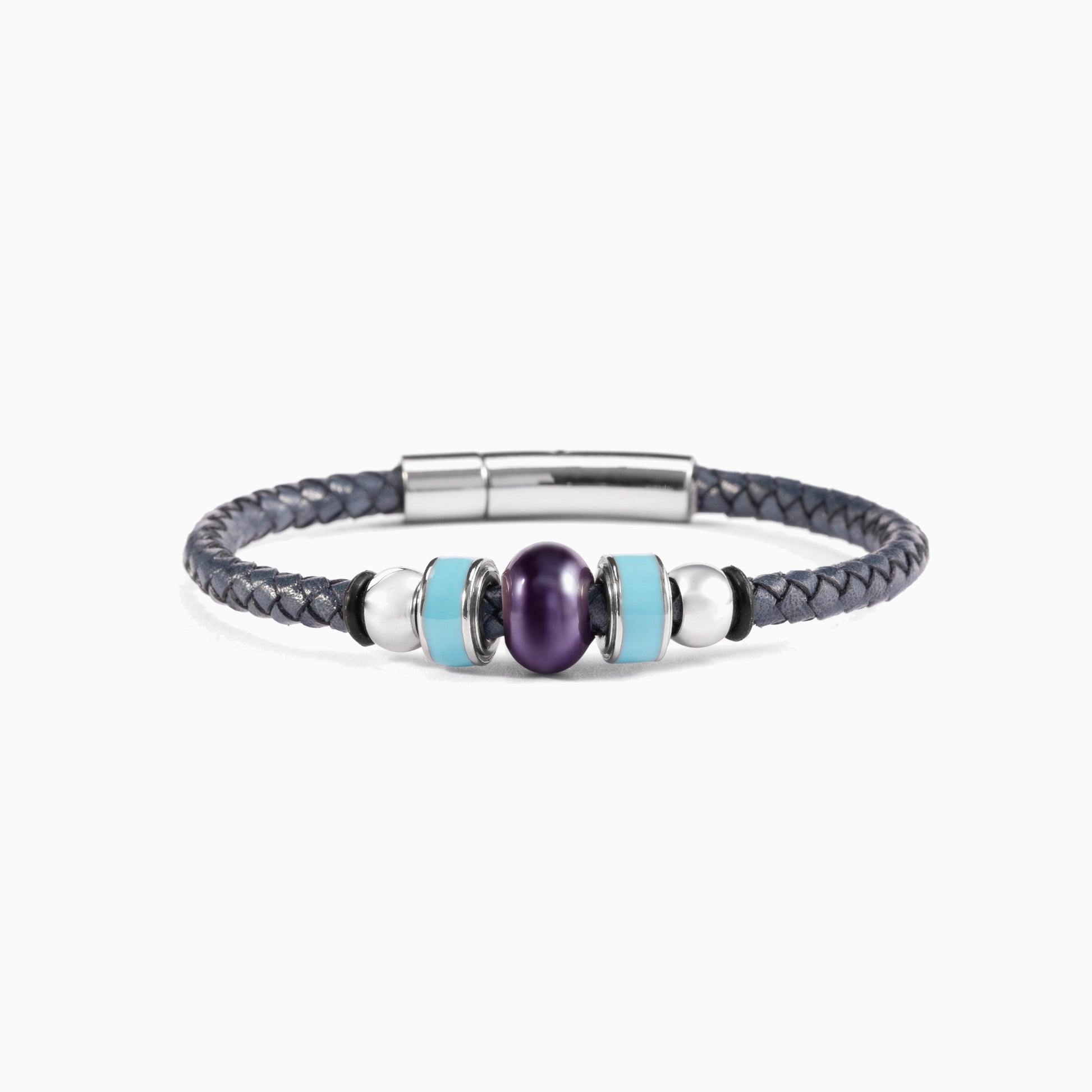 Flare Collection men's bracelet with braided leather, stainless steel and silicone details, 20 cm length — angled view.