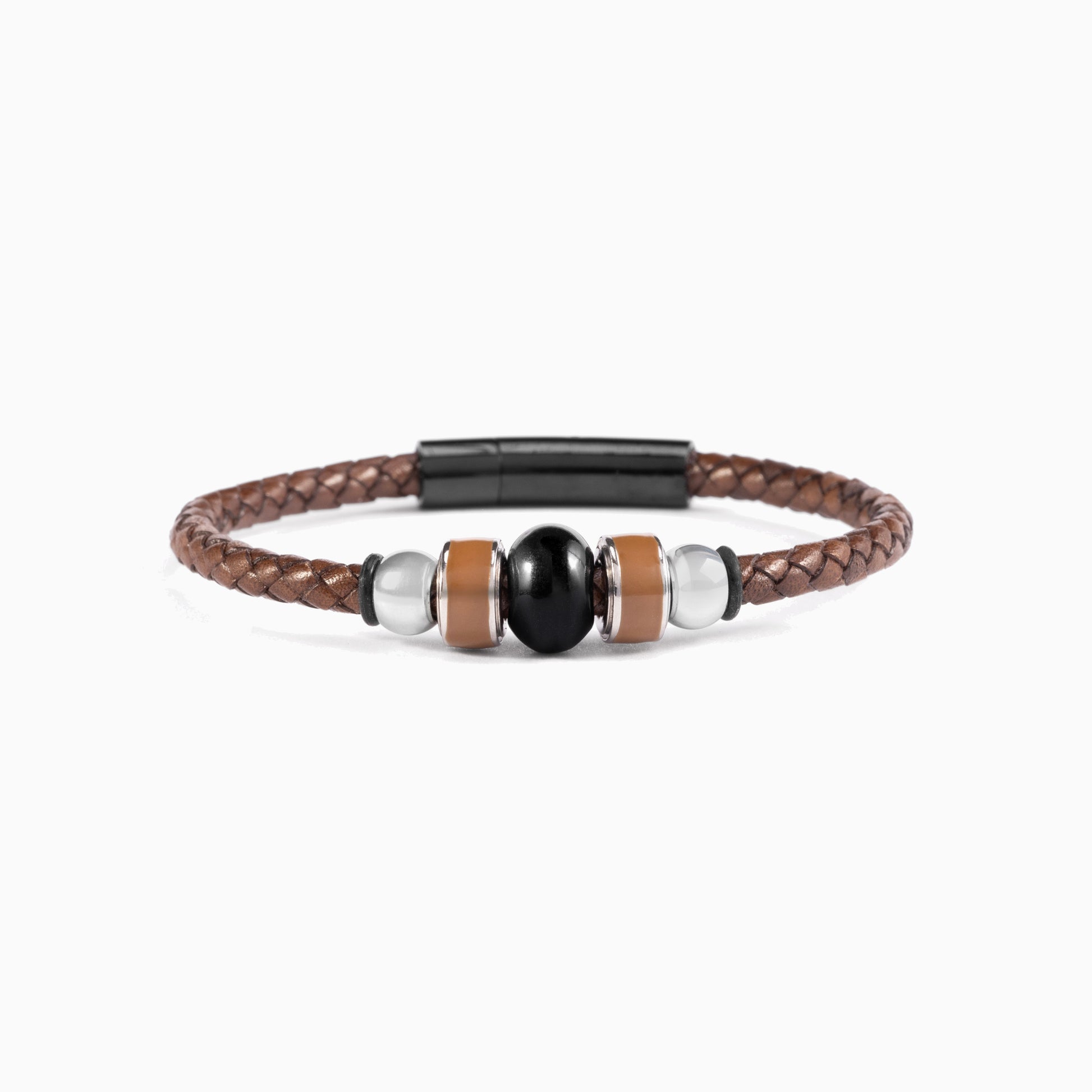 Flare Collection men's bracelet with braided leather, stainless steel and silicone details, 20 cm length — detail view.