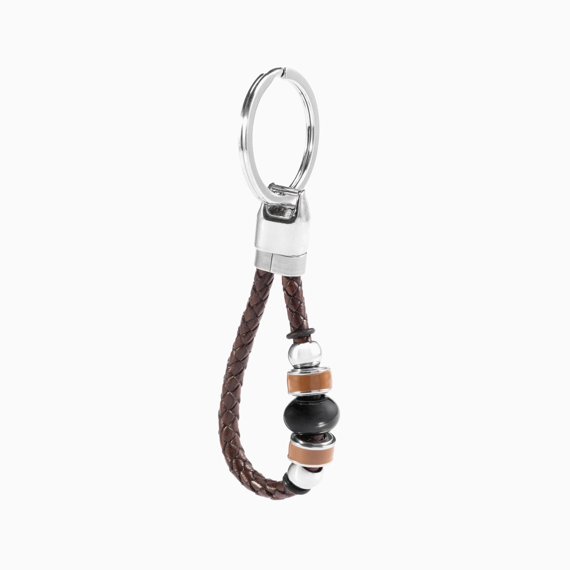 Flare Collection men's keychain with Murano glass, braided leather, rhodium finish over stainless steel, brass and silicone details, 10 cm length — detail view.