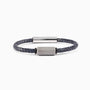 Grit Collection men’s bracelet with Murano glass, braided leather, steel and brass, rhodium finish, 20 cm length.
