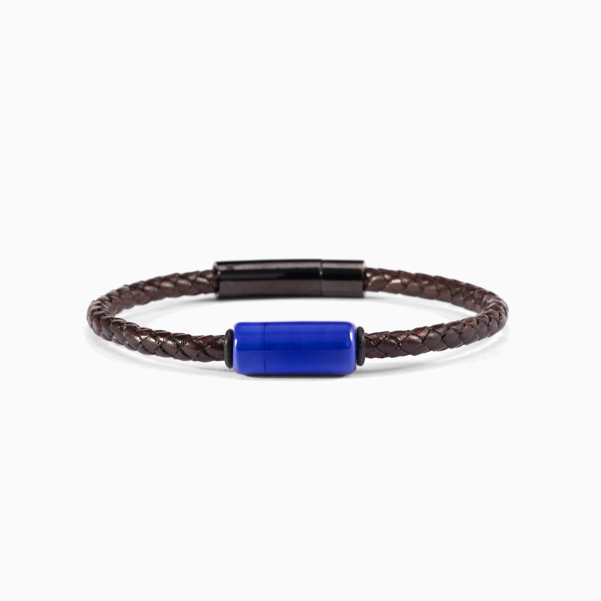 Grit Collection men's bracelet with Murano glass, braided leather, steel and brass, rhodium finish, 20 cm length — angled view.