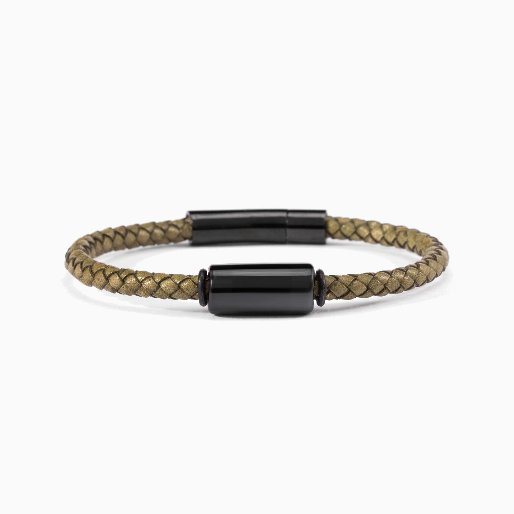 Grit Collection men's bracelet with Murano glass, braided leather, steel and brass, rhodium finish, 20 cm length — detail view.