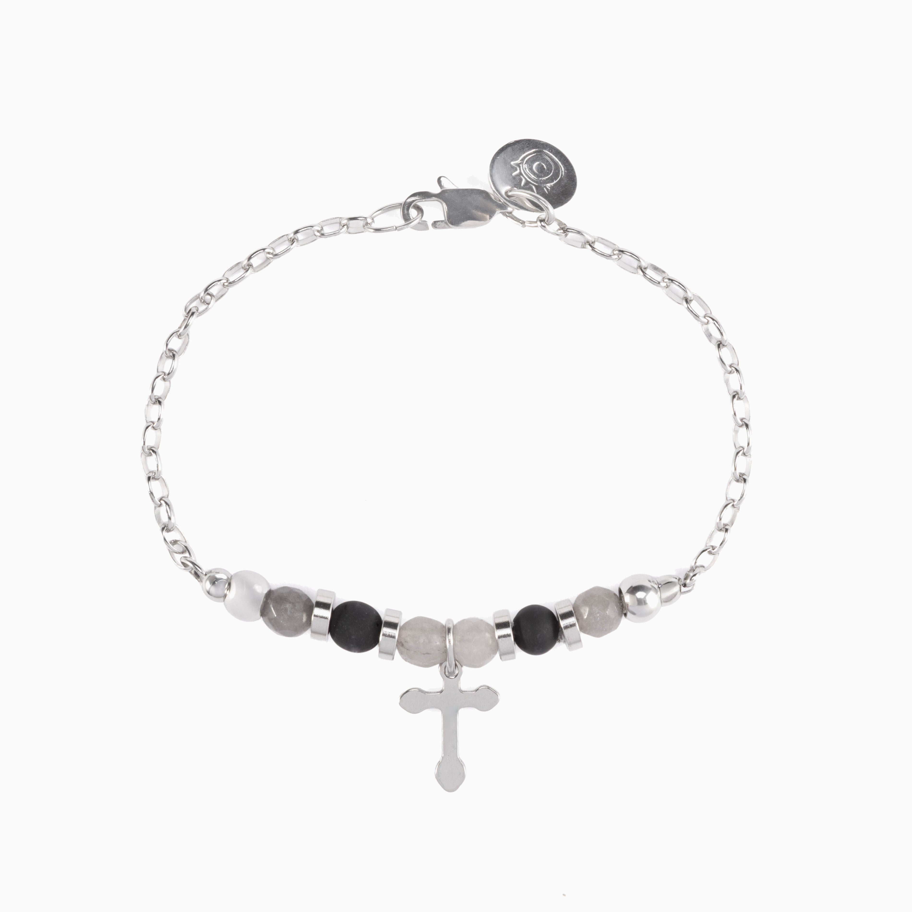 Stain Collection - Murano Glass bracelet with beads and a cross charm on a white background