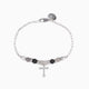 Stain men's steel and agate bracelet with beads and a cross charm on a white background.