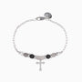 Stain men's steel and agate bracelet with beads and a cross charm on a white background.