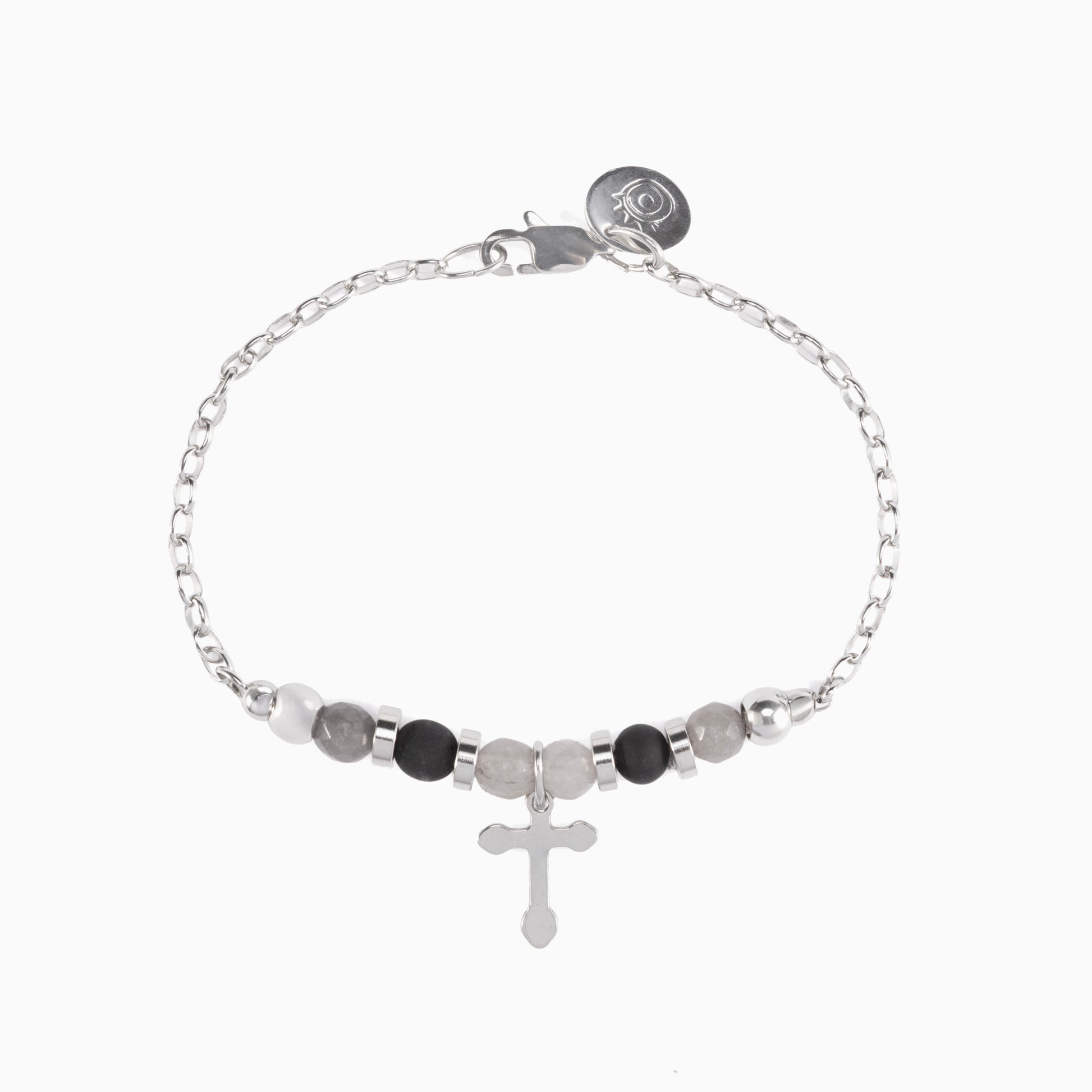 Stain men's steel and agate bracelet with beads and a cross charm on a white background.