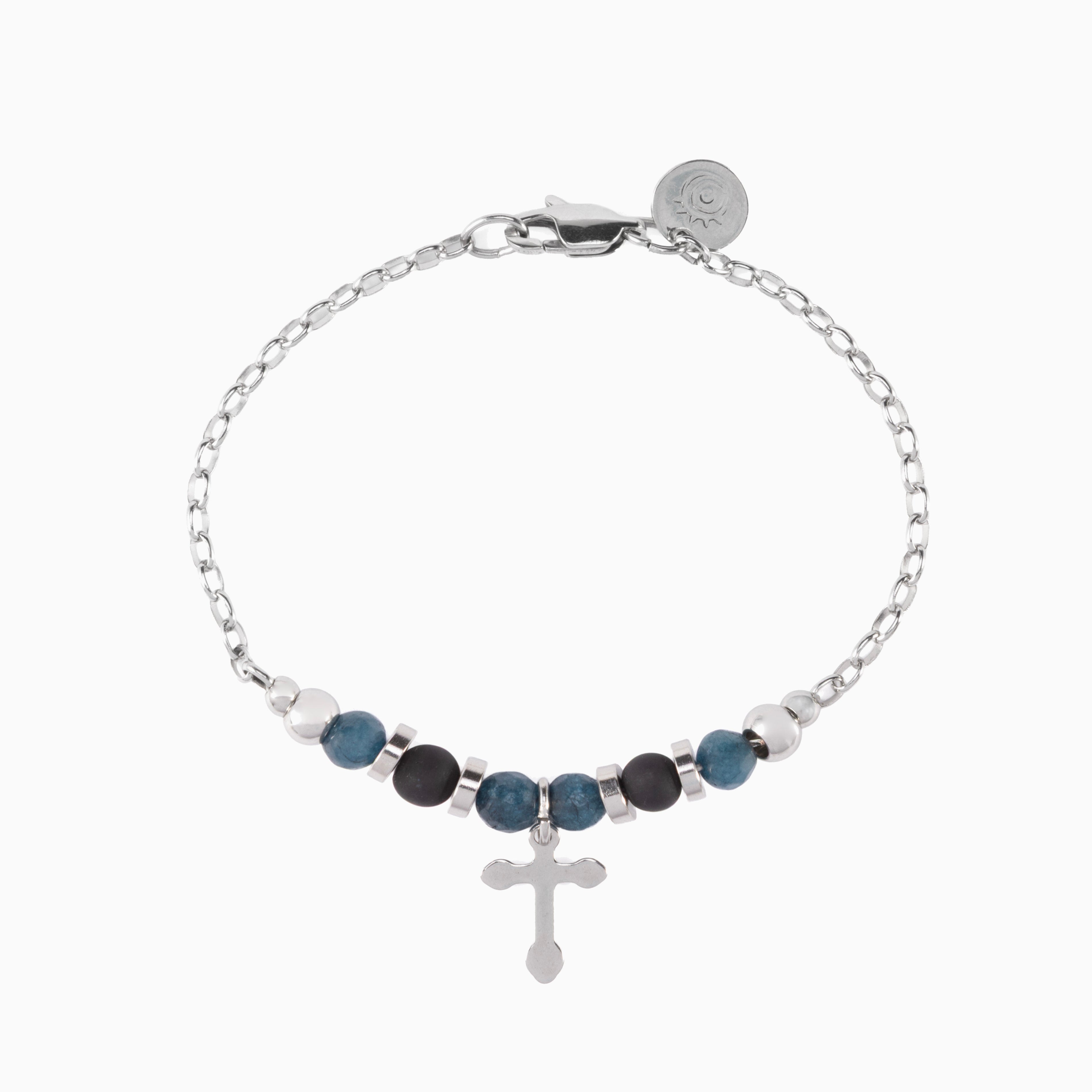 Stain men's steel and agate bracelet with blue beads and a silver cross charm on a white background.