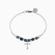 Stain men's steel and agate bracelet with blue beads and a silver cross charm on a white background.