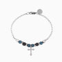 Stain men's steel and agate bracelet with blue beads and a silver cross charm on a white background.