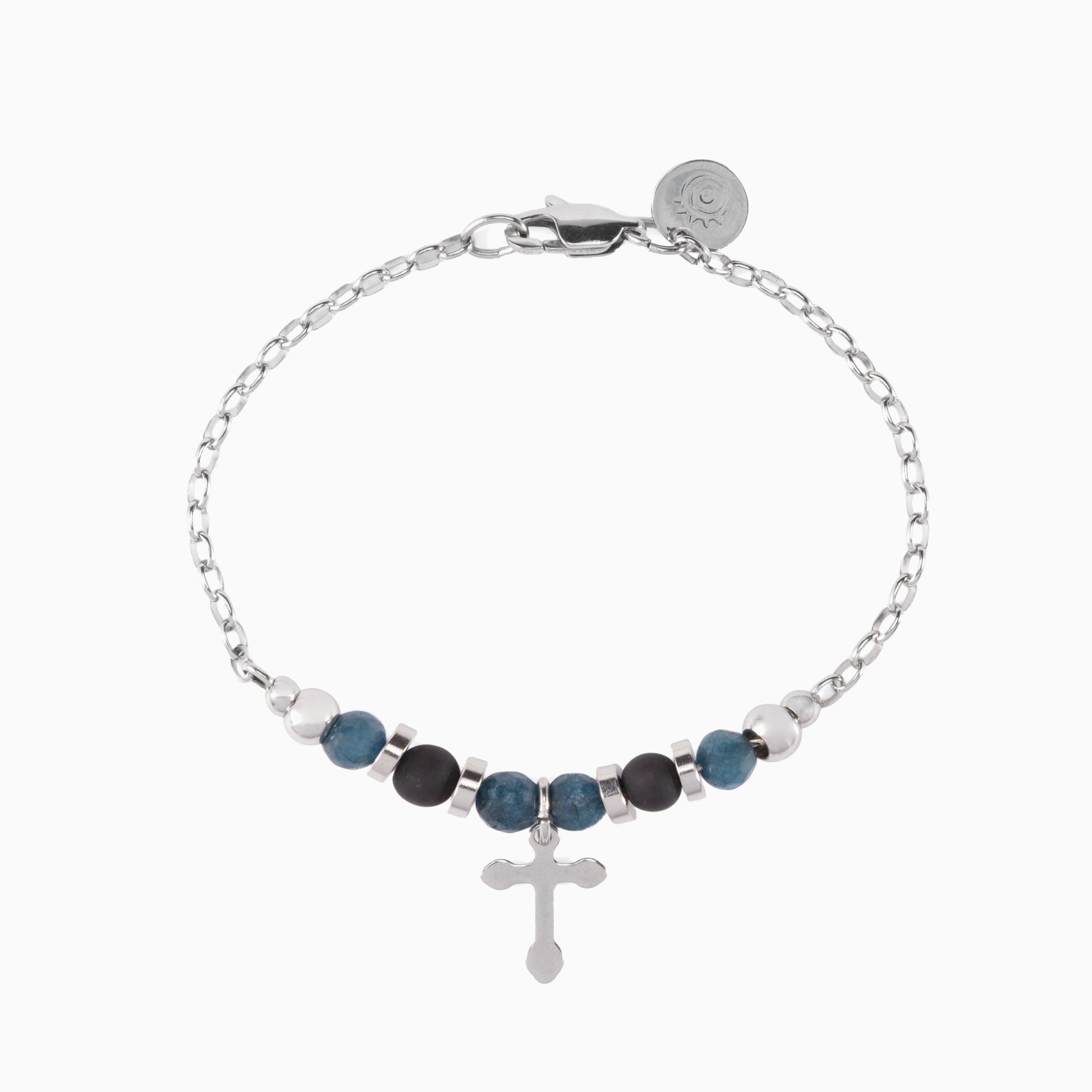 Stain men's steel and agate bracelet with blue beads and a silver cross charm on a white background.