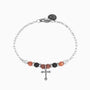 Stain men's steel and agate bracelet, side view with a stainless steel cross charm, on a white background.
