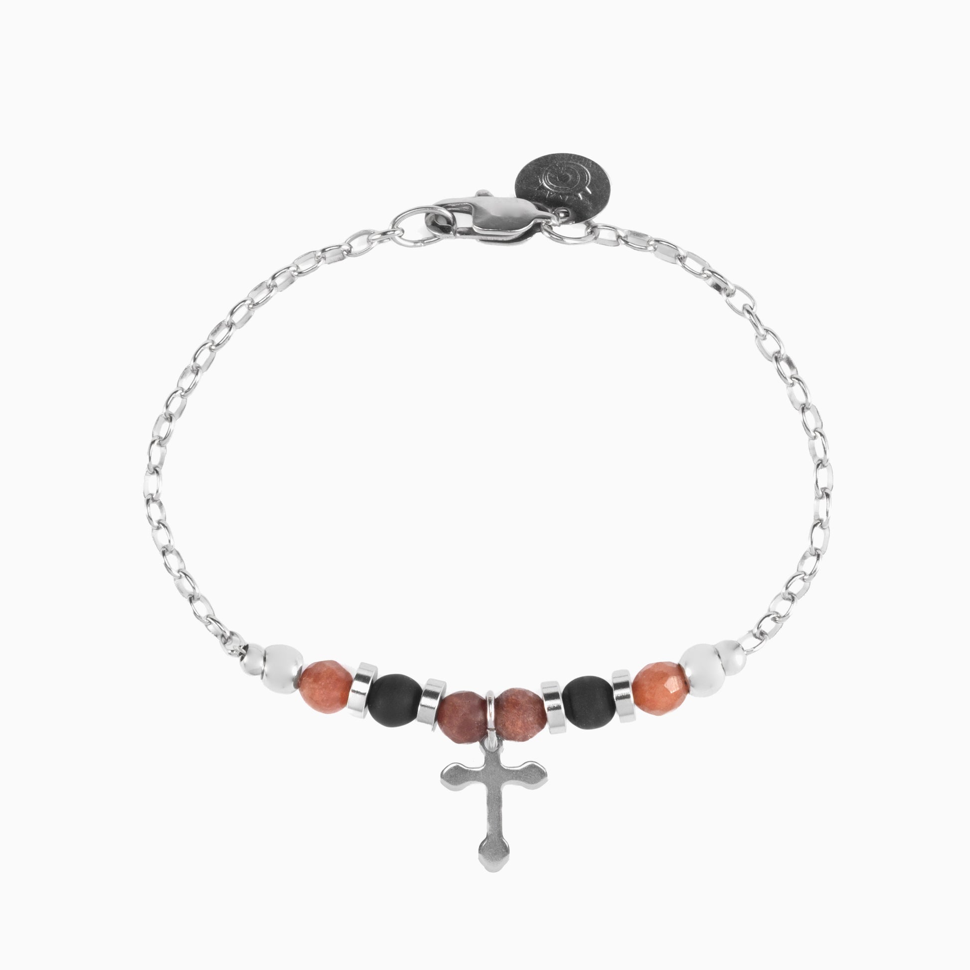 Stain men's steel and agate bracelet, side view with a stainless steel cross charm, on a white background.