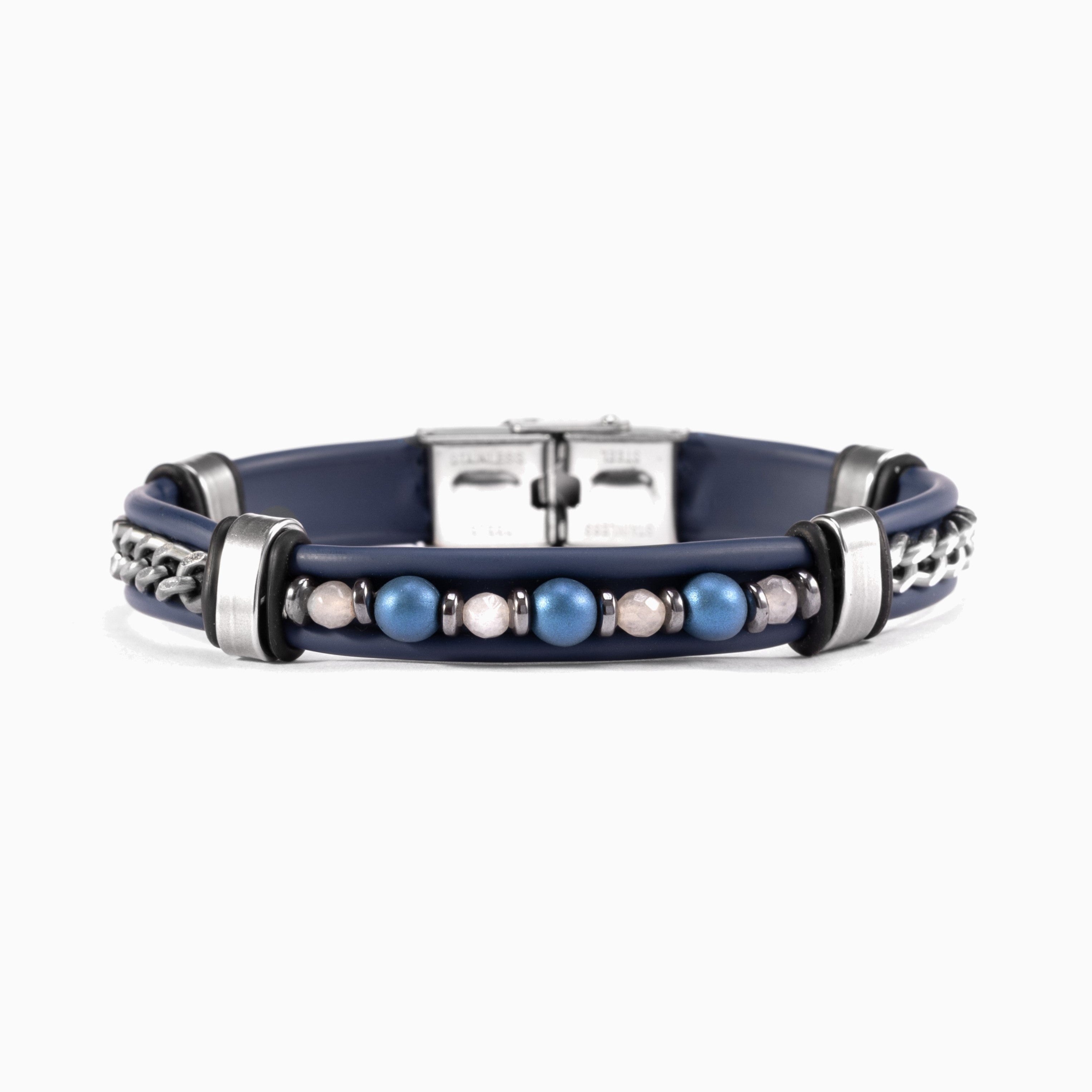Melt Collection - Navy leather bracelet with blue and silver beads on a white background