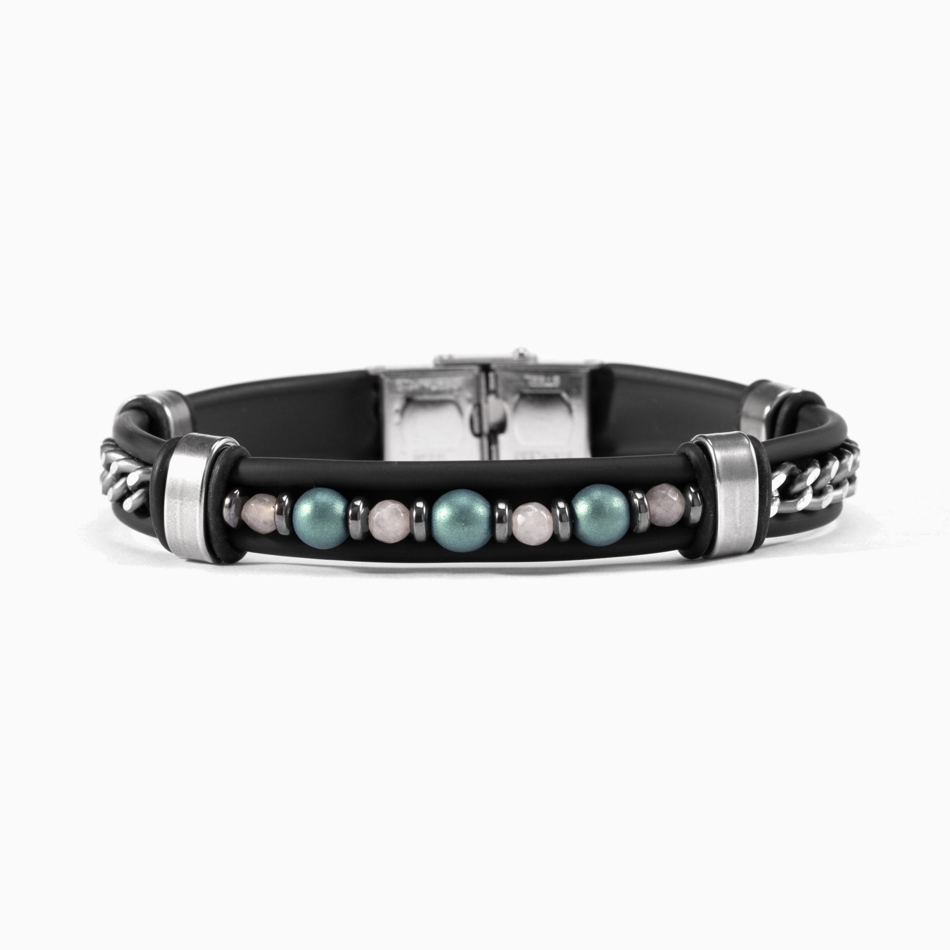 Detail of the Melt men's bracelet showing hematite beads, aluminum accents and the rubber strap.