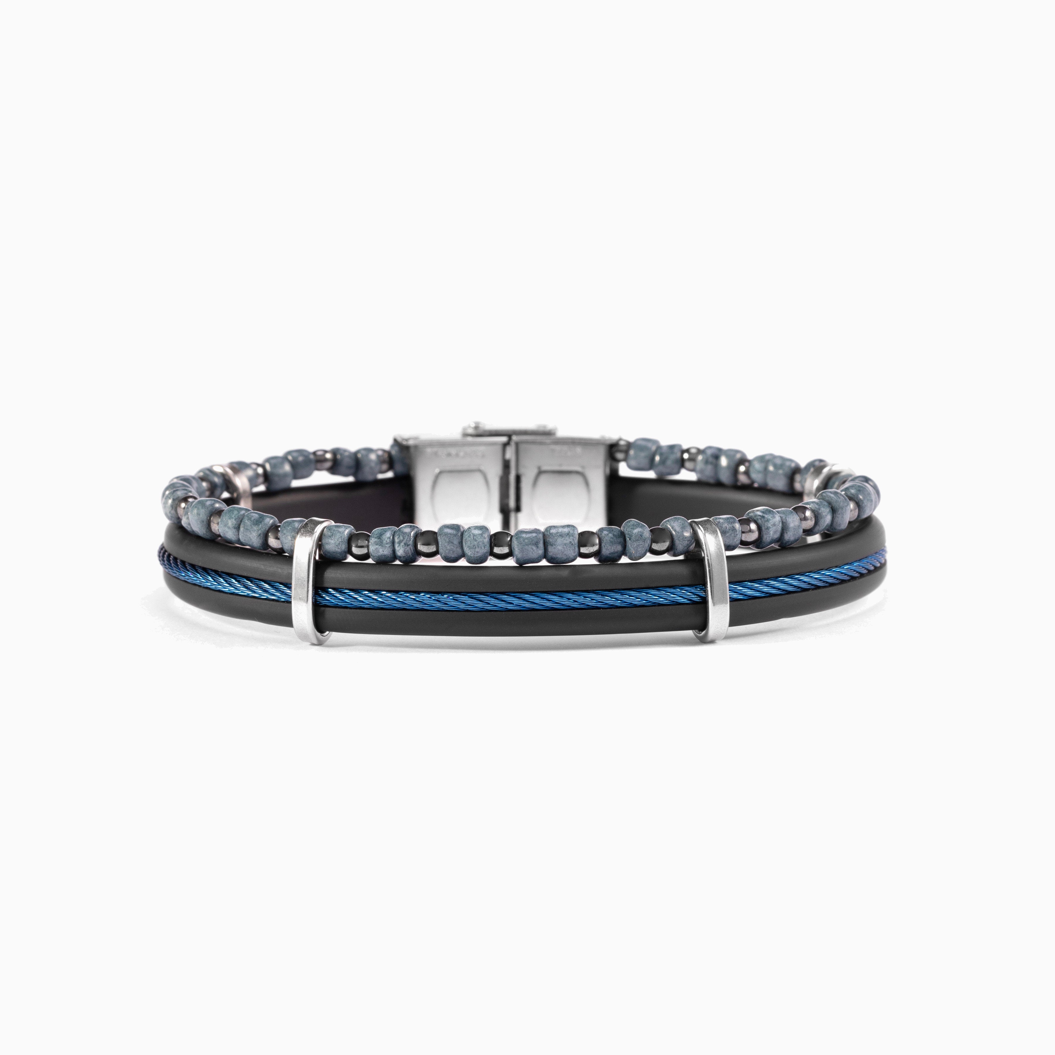 Void Collection - Murano Glass Multistrand bracelet with beads and leather straps on a white background