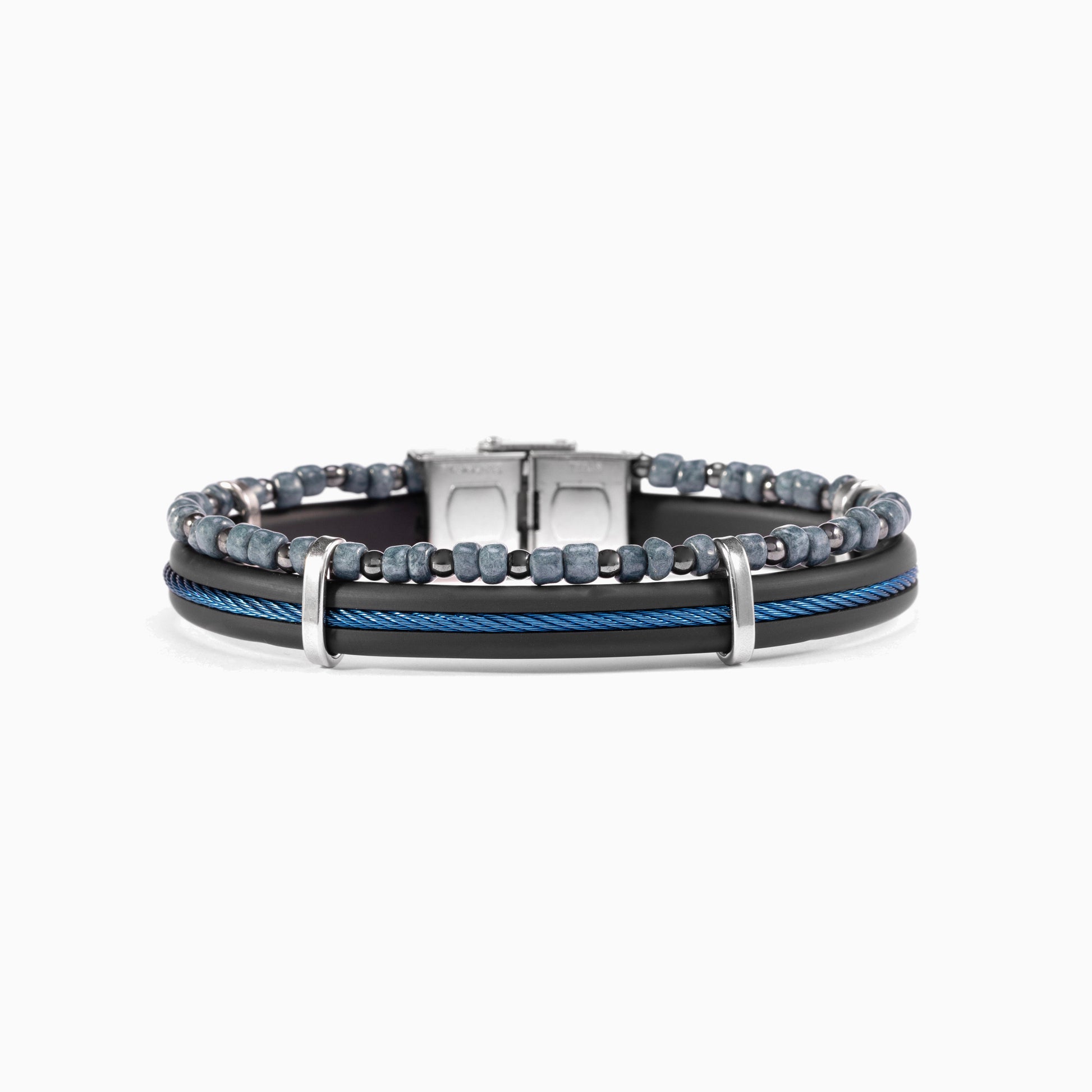 Void Collection - Murano Glass Multistrand bracelet with beads and leather straps on a white background