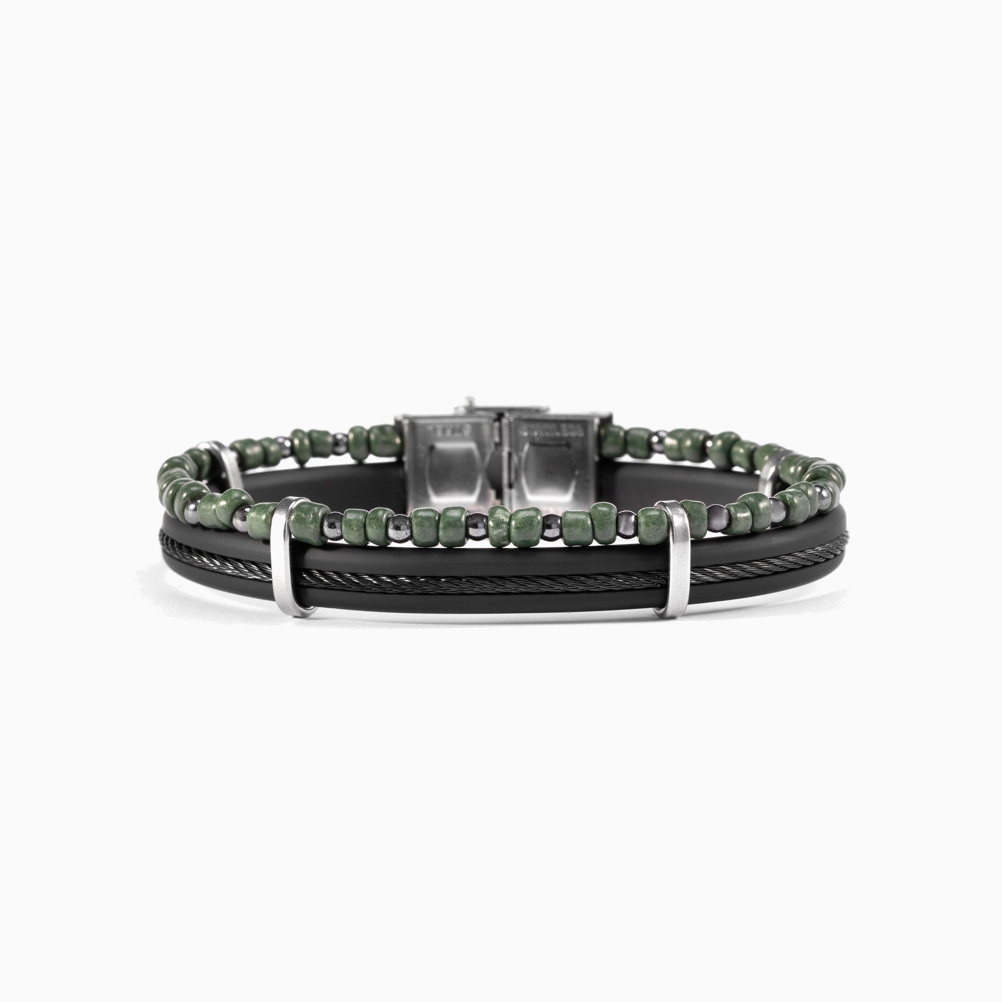 Void Collection - Murano Glass Bracelet with green beads and black leather strap on a white background