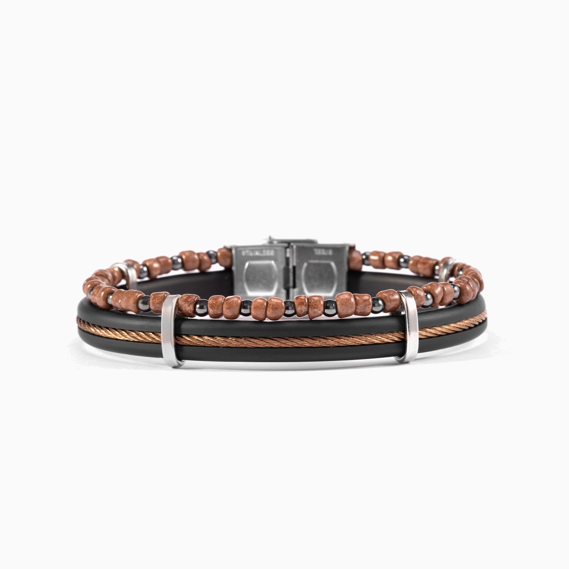 Void Collection - Murano Glass Multistrand bracelet with brown beads and black leather straps on a white background