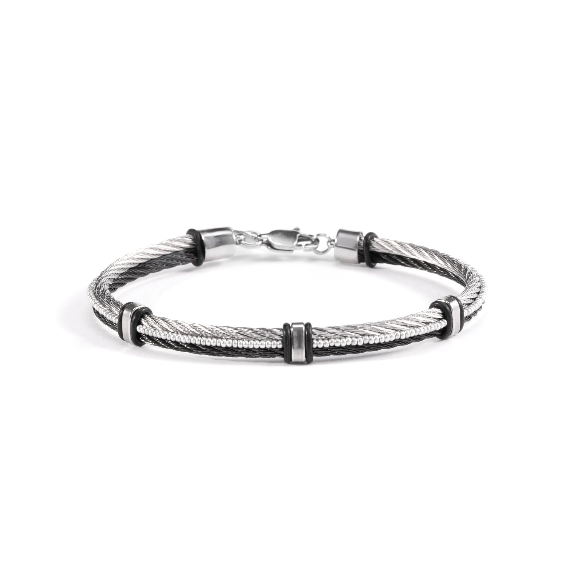 Split men's bracelet with stainless steel clasp and black and silver cable design on a white background.