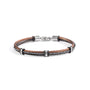 Split men's bracelet with brown and black braided cord and stainless steel clasp on a white background.