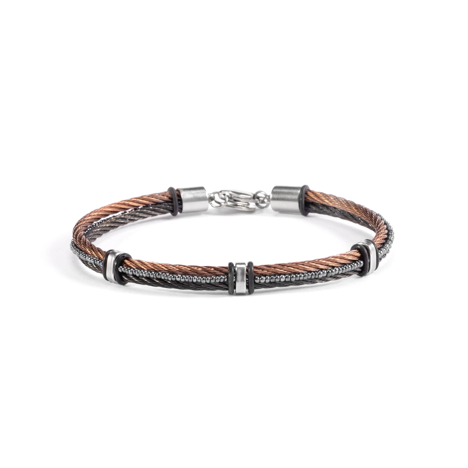 Split men's bracelet with brown and black braided cord and stainless steel clasp on a white background.