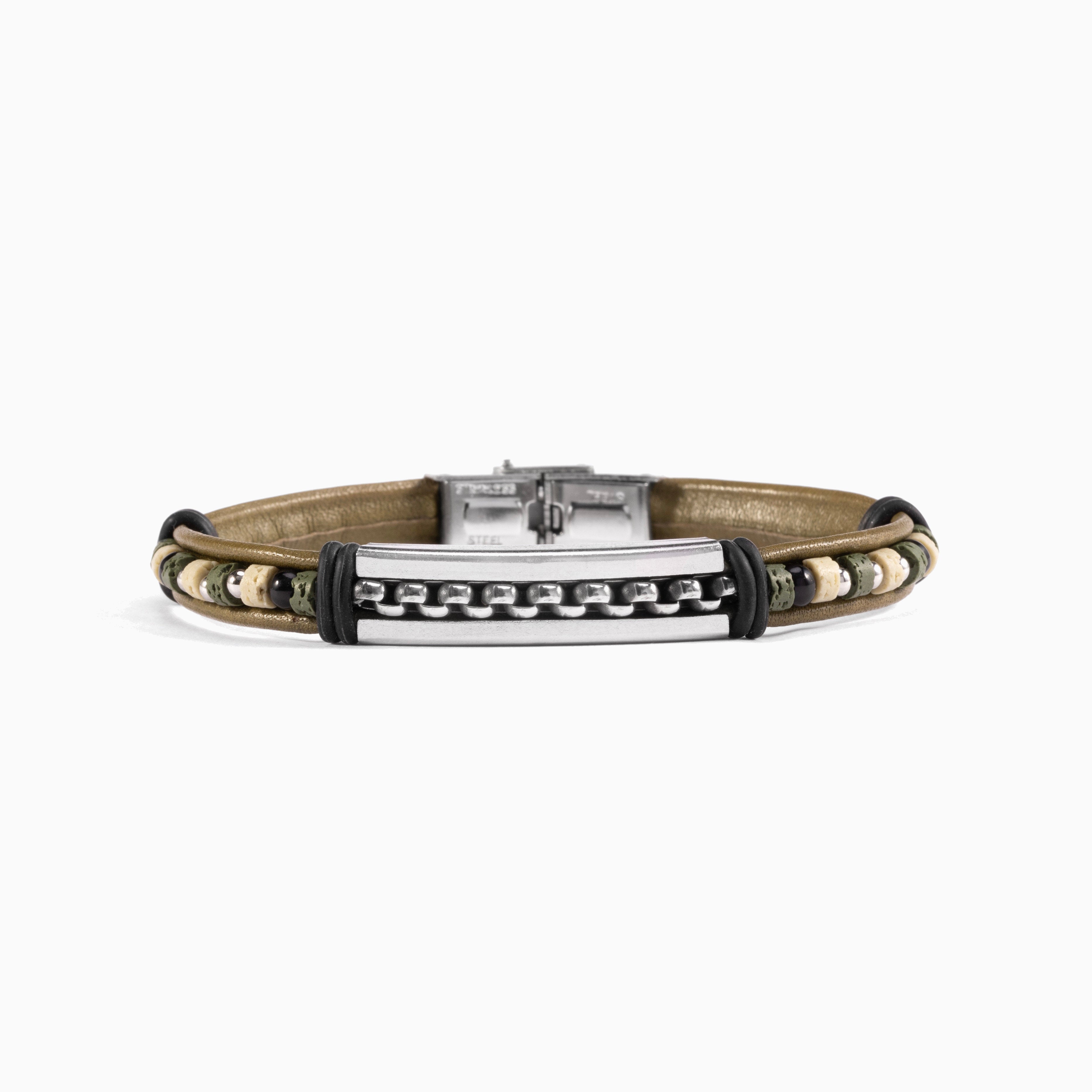 Brick men’s bracelet with leather, lava stone and silicone, rhodium finish over stainless steel, 20 cm length, contemporary Italian design.