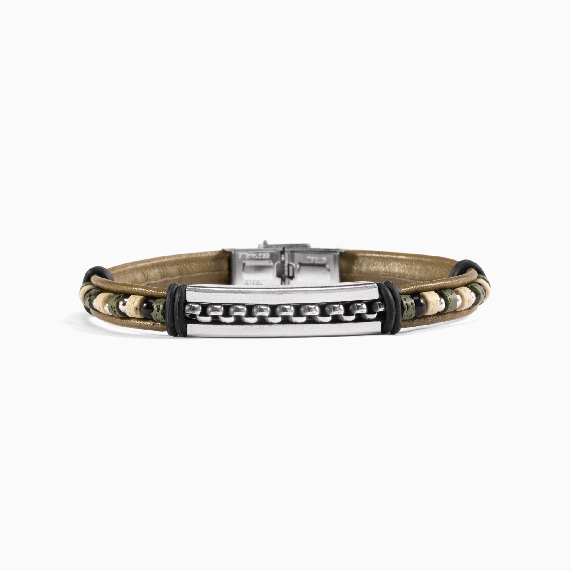 Brick men’s bracelet with leather, lava stone and silicone, rhodium finish over stainless steel, 20 cm length, contemporary Italian design.