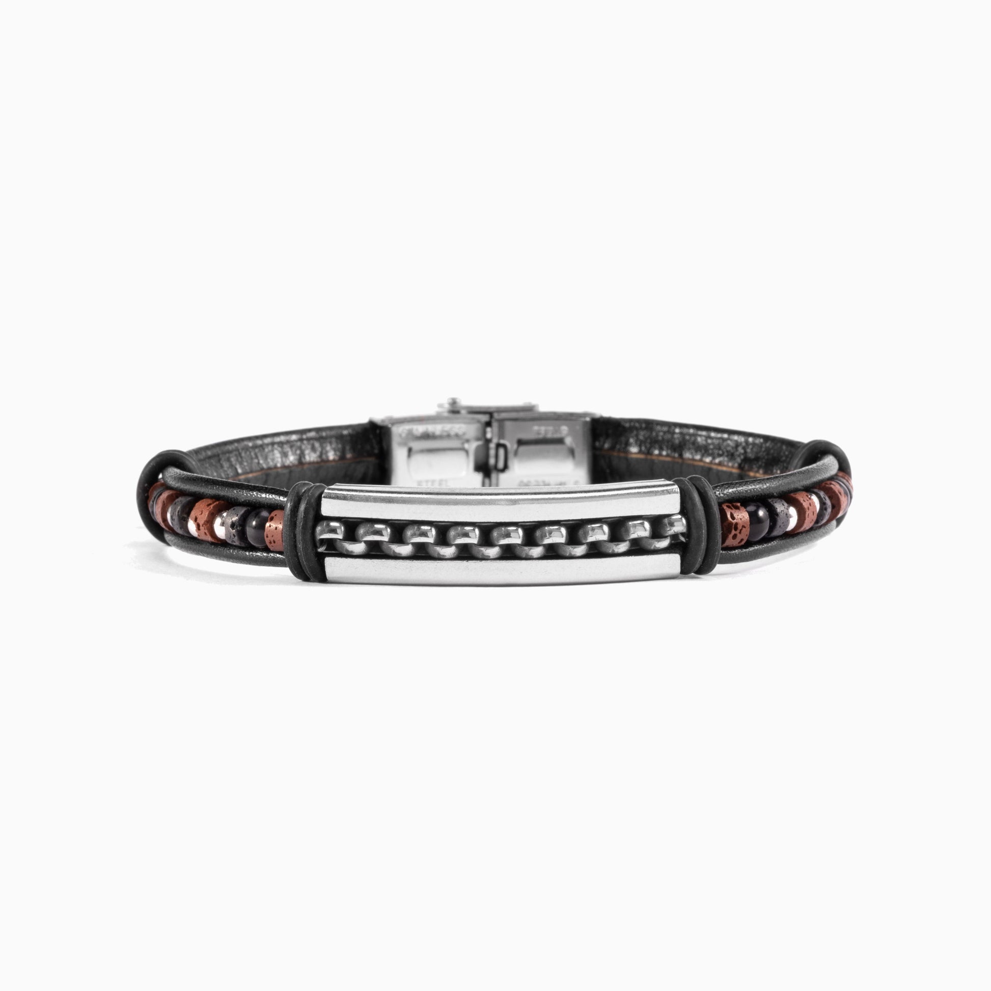 Brick men's bracelet with leather, lava stone and silicone, rhodium finish over stainless steel, 20 cm length, contemporary Italian design — detail view.