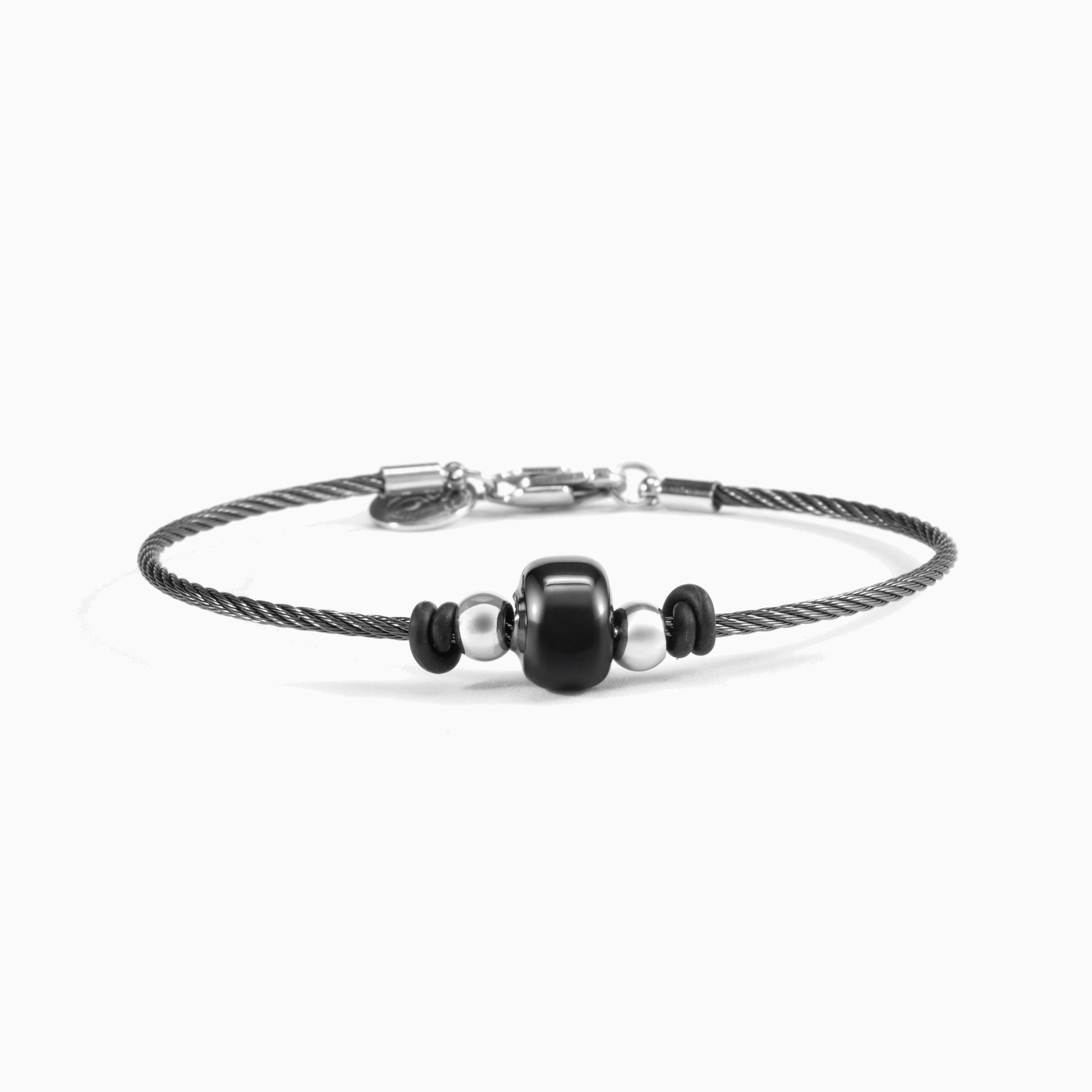 Ghost men's steel and silicone bracelet, side view with rhodium finish over stainless steel and brass.