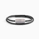 Tag Collection - Murano Glass Black braided leather bracelet with a silver finish cylindrical clasp on a white background