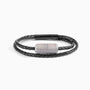 Tag Collection - Murano Glass Black braided leather bracelet with a silver cylindrical clasp on a white background