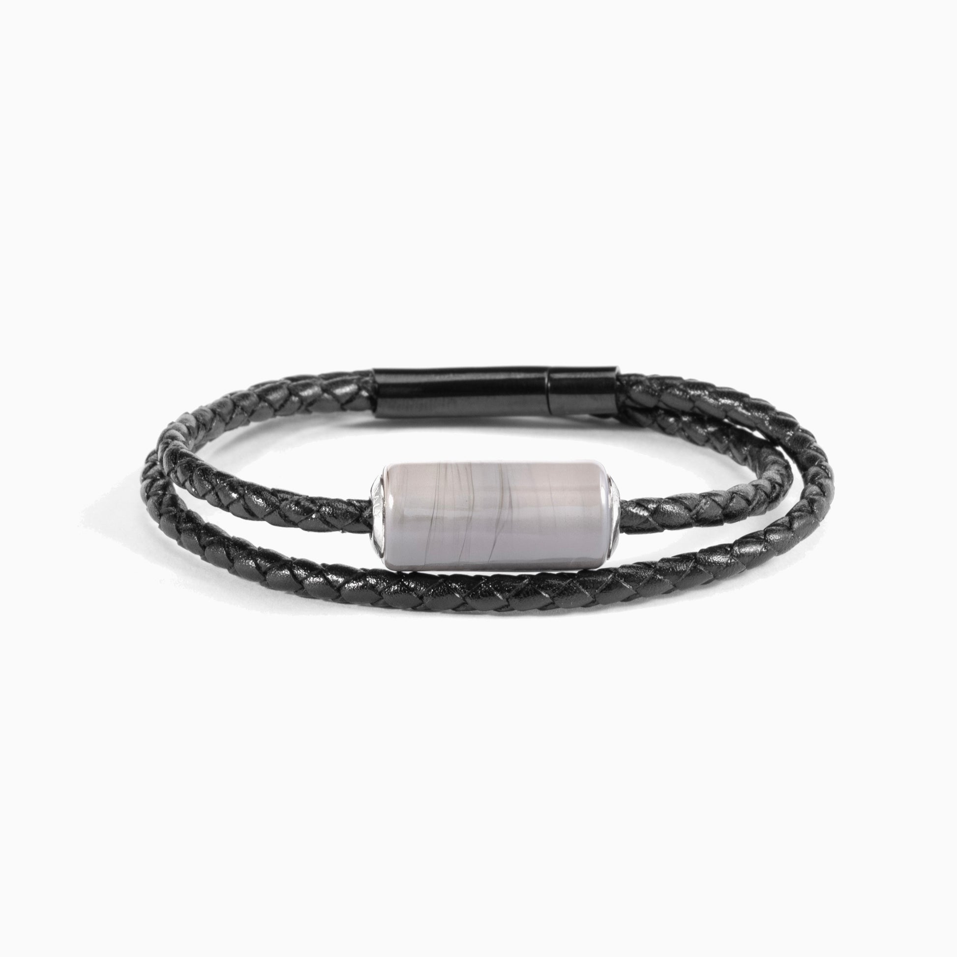 Tag Collection - Murano Glass Black braided leather bracelet with a silver cylindrical clasp on a white background