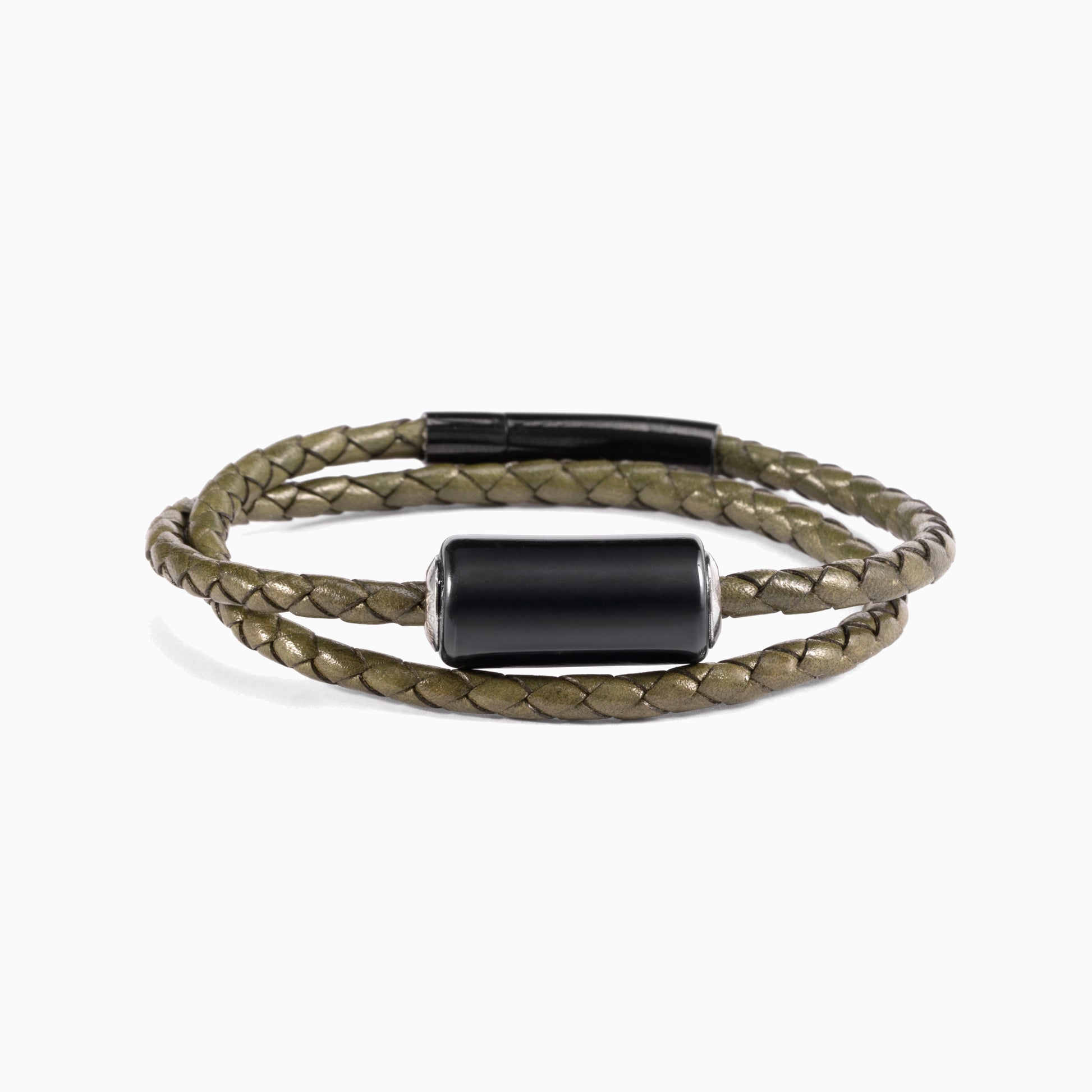 Tag Collection - Murano Glass Bracelet with braided design and black cylindrical beads on a white background