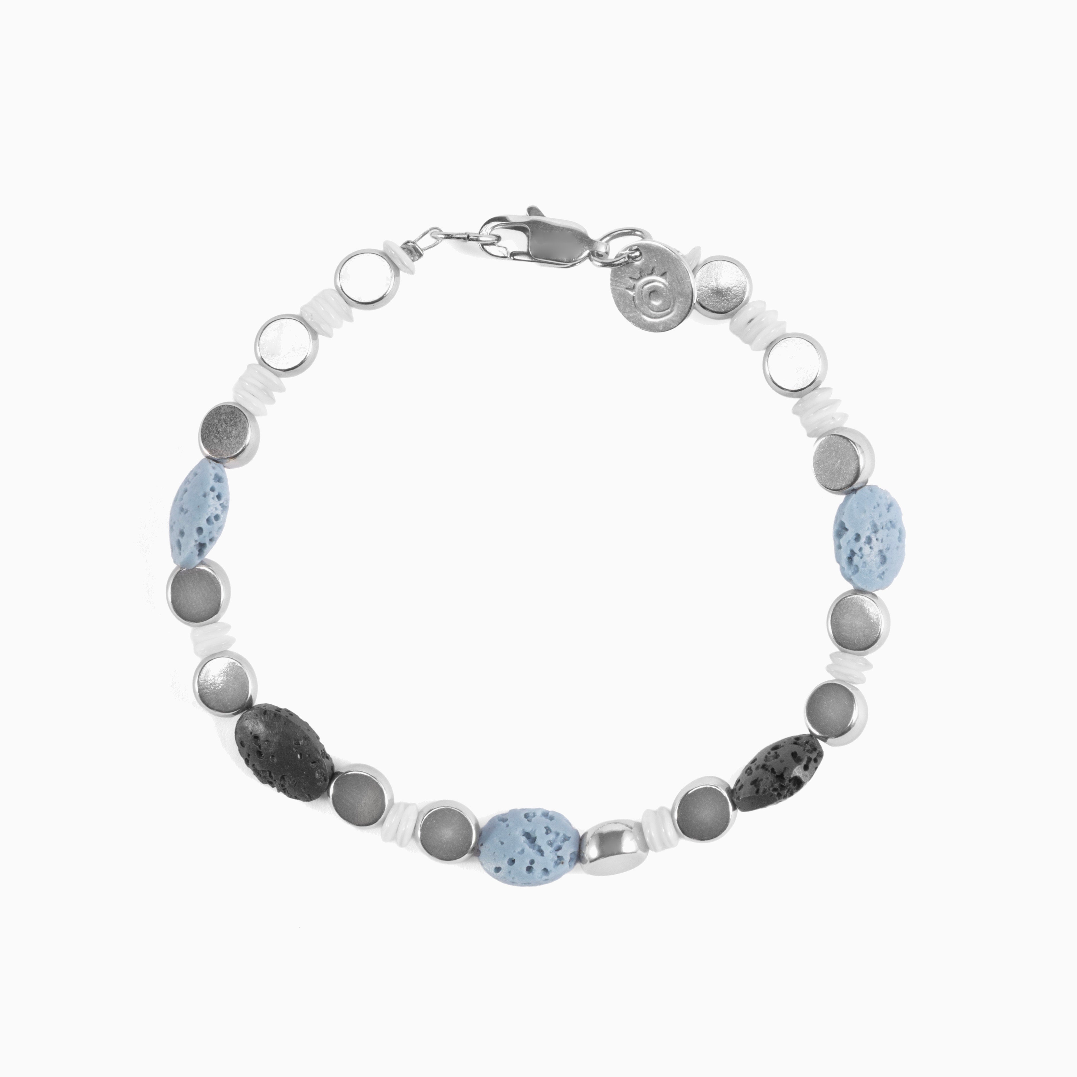 Hush Collection men’s bracelet with lava stone, stainless steel and brass, rhodium finish, 20 cm length.