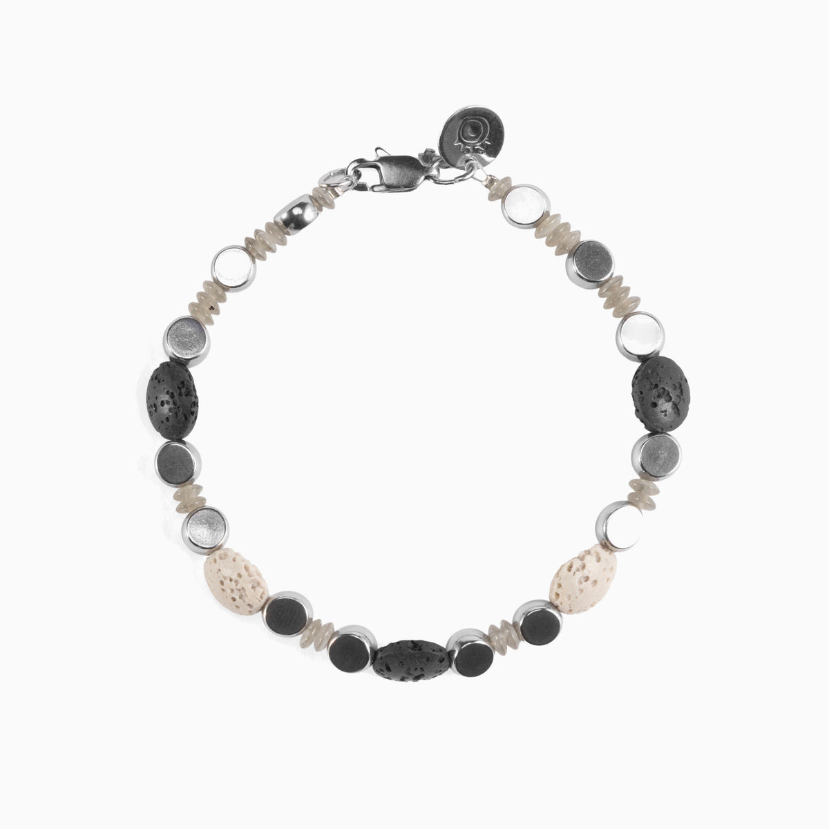 Hush Collection men's bracelet with lava stone, stainless steel and brass, rhodium finish, 20 cm length — angled view.